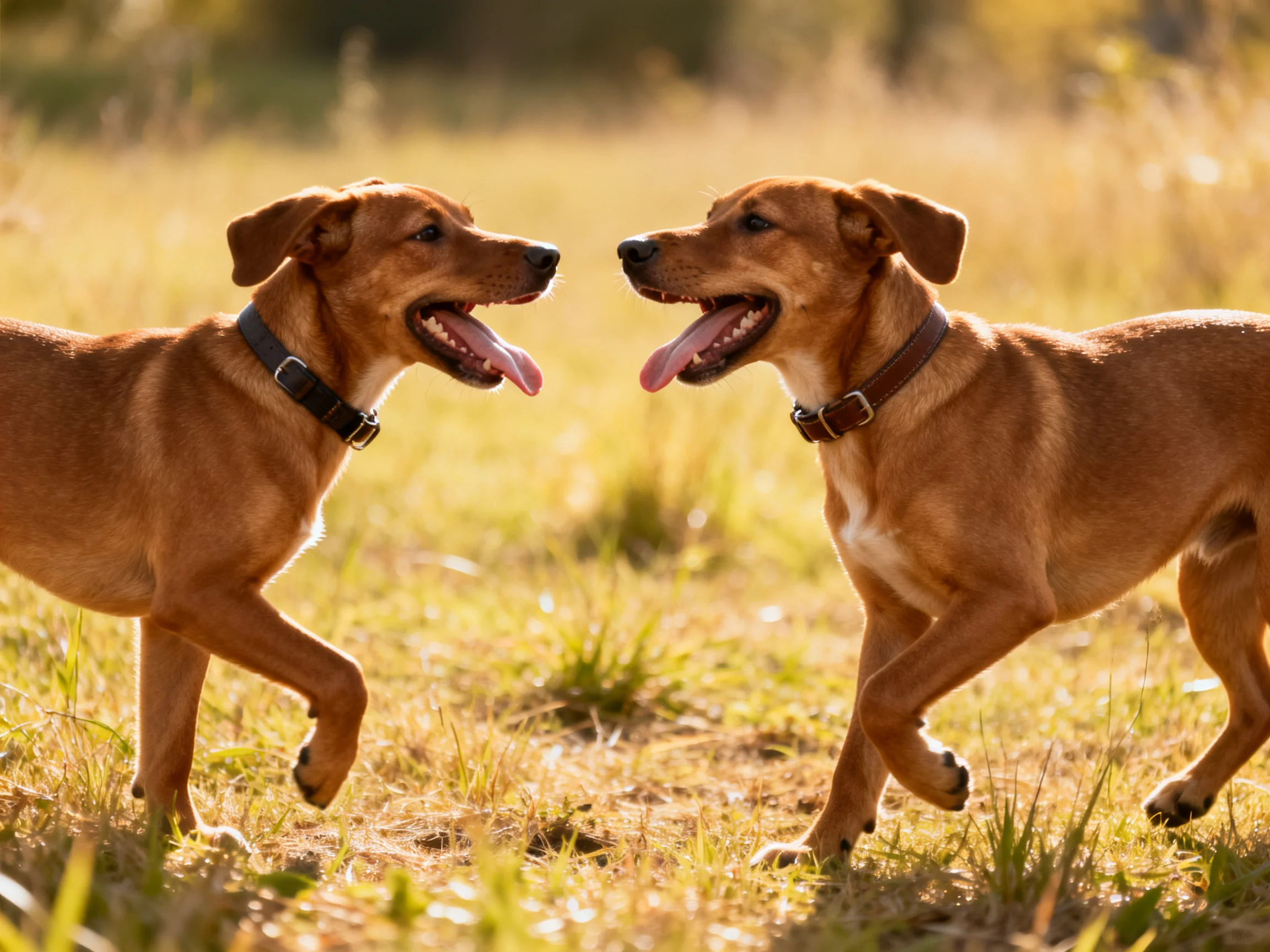 Two reddish-brown dogs interact in a sunlit grassy field
