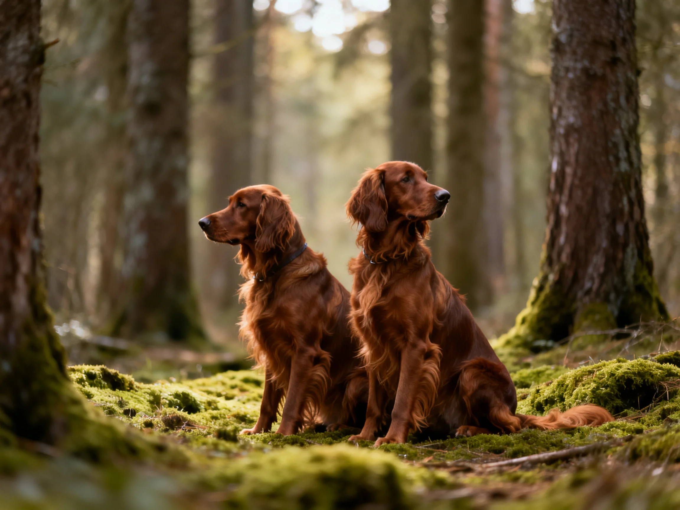 Two reddish-brown dogs sit calmly among moss-covered forest trees