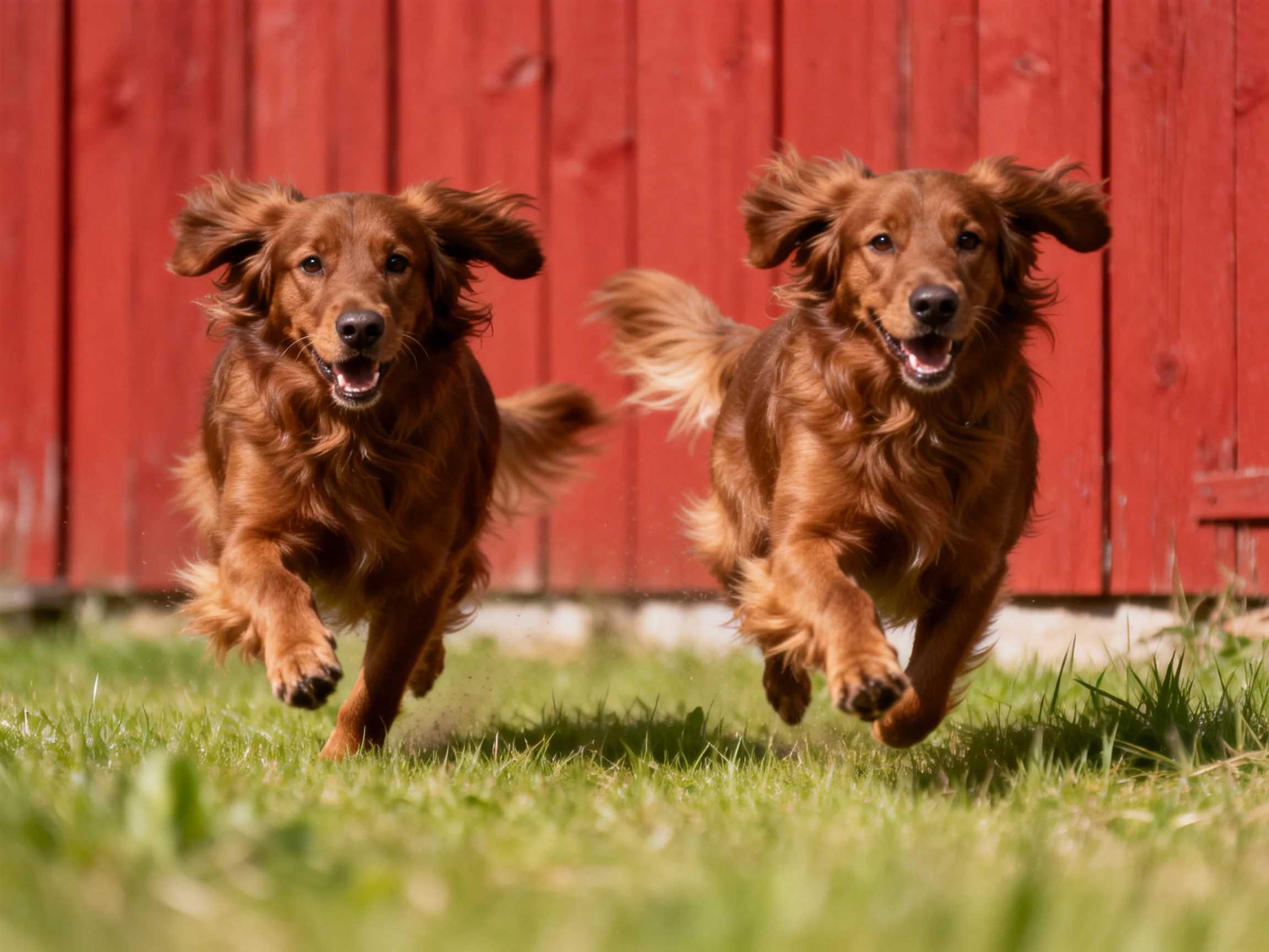 Two reddish-brown dogs run energetically beside a red wooden fence