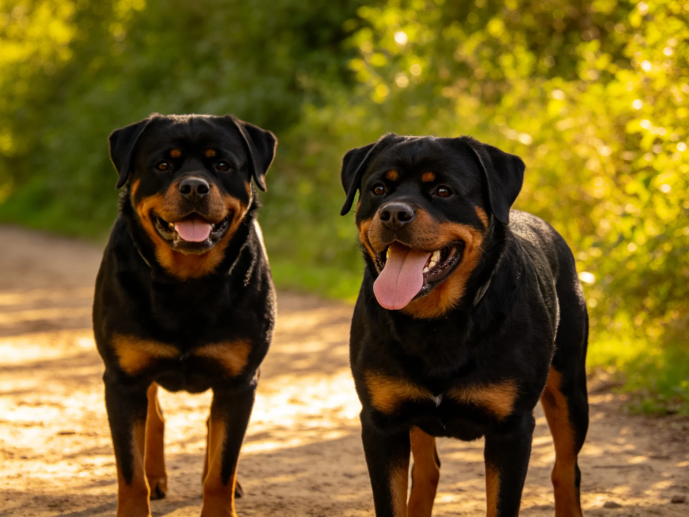 Two robust Rottweiler dogs stand on a sunlit dirt path