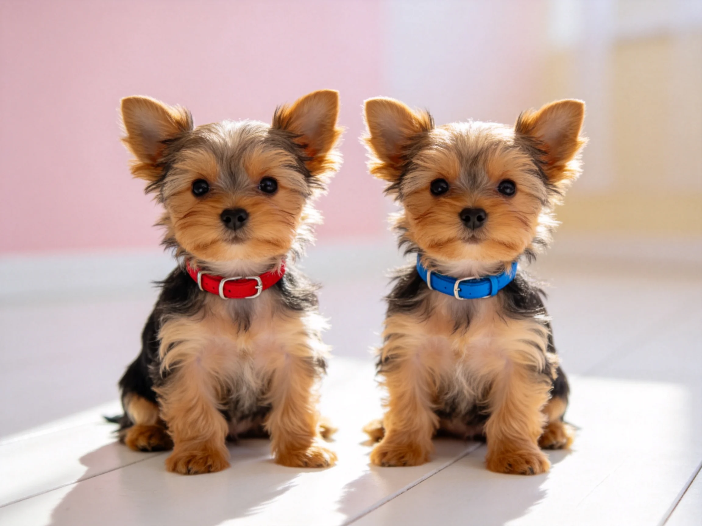 Two small Yorkshire Terrier puppies sit side by side with red and blue collars