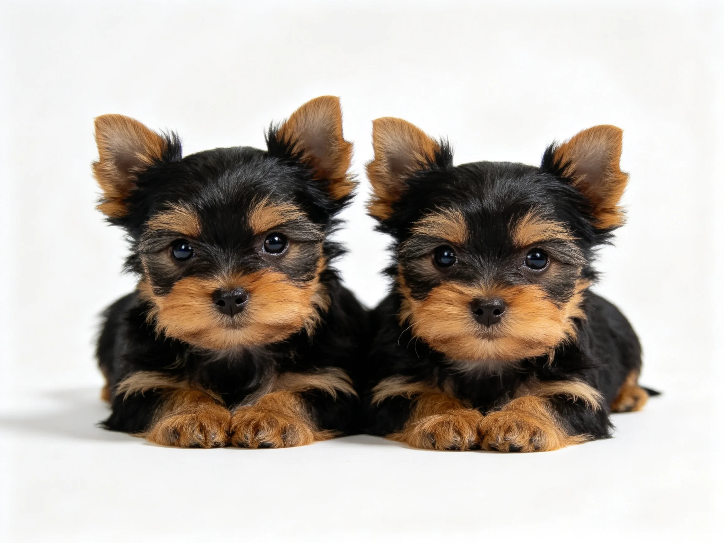 Two small black and tan Yorkie puppies sit side by side.