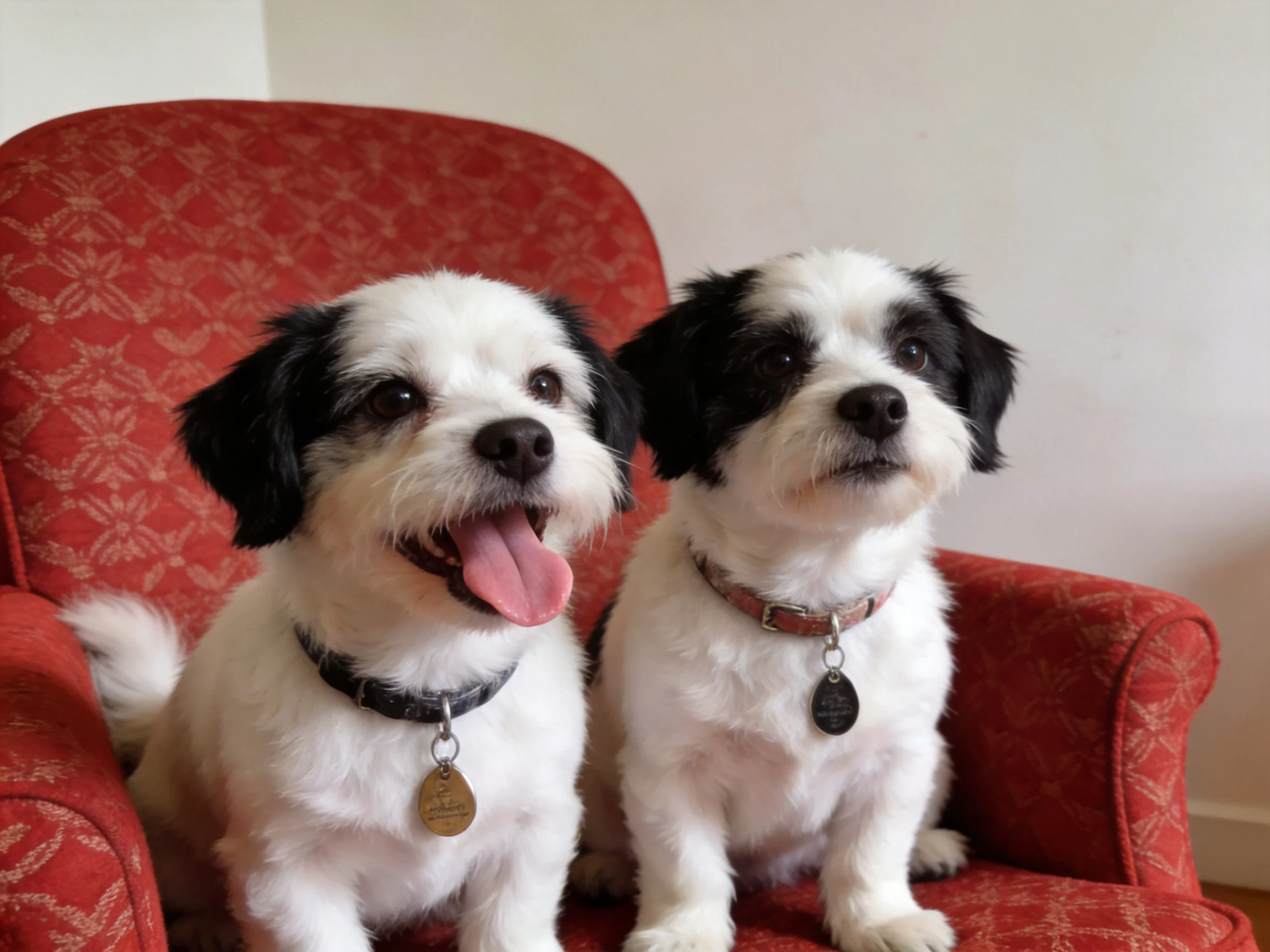 Two small black-and-white dogs sit together on a red armchair.