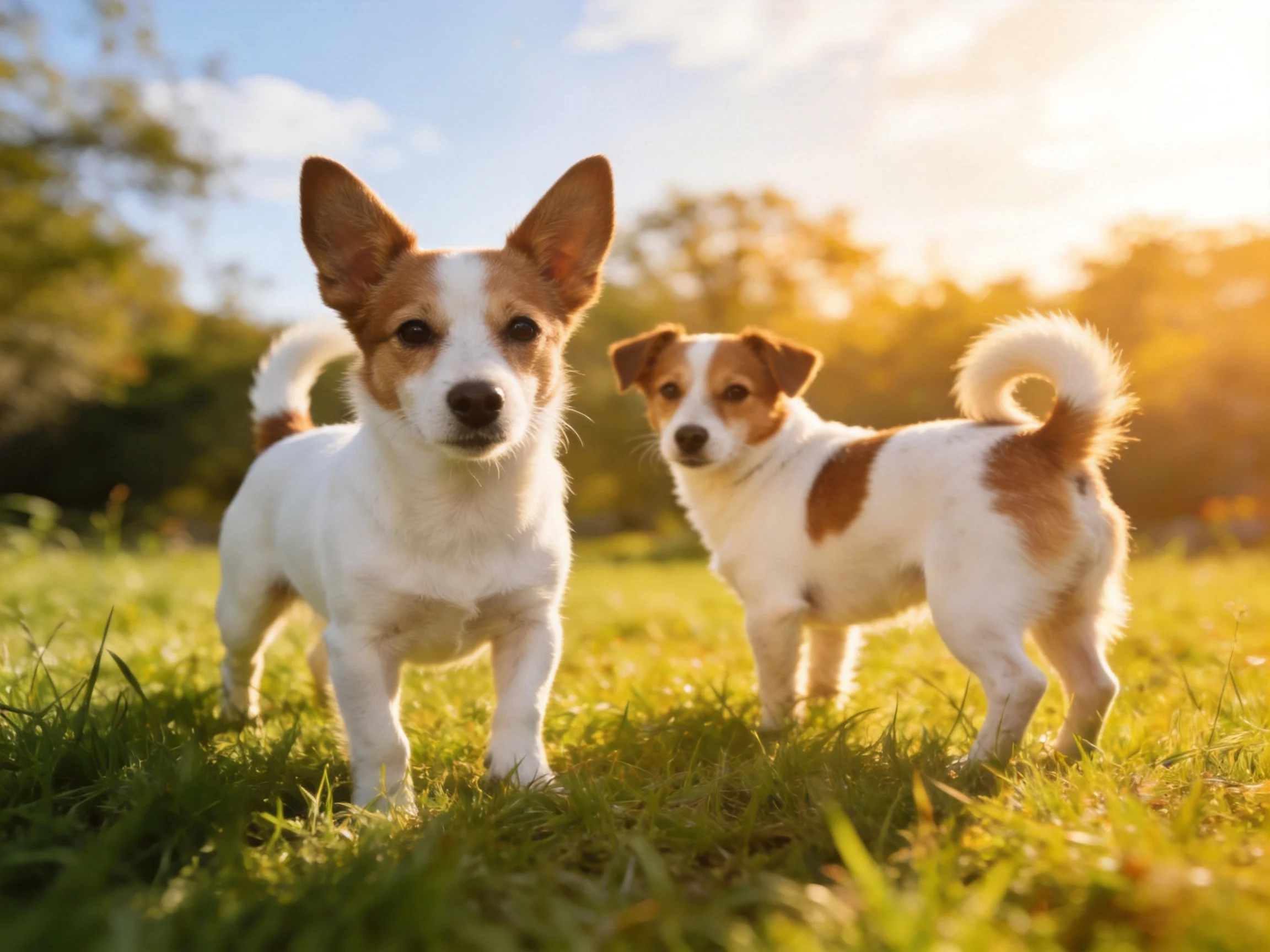 Two small brown-and-white dogs stand together in a sunlit grassy area.