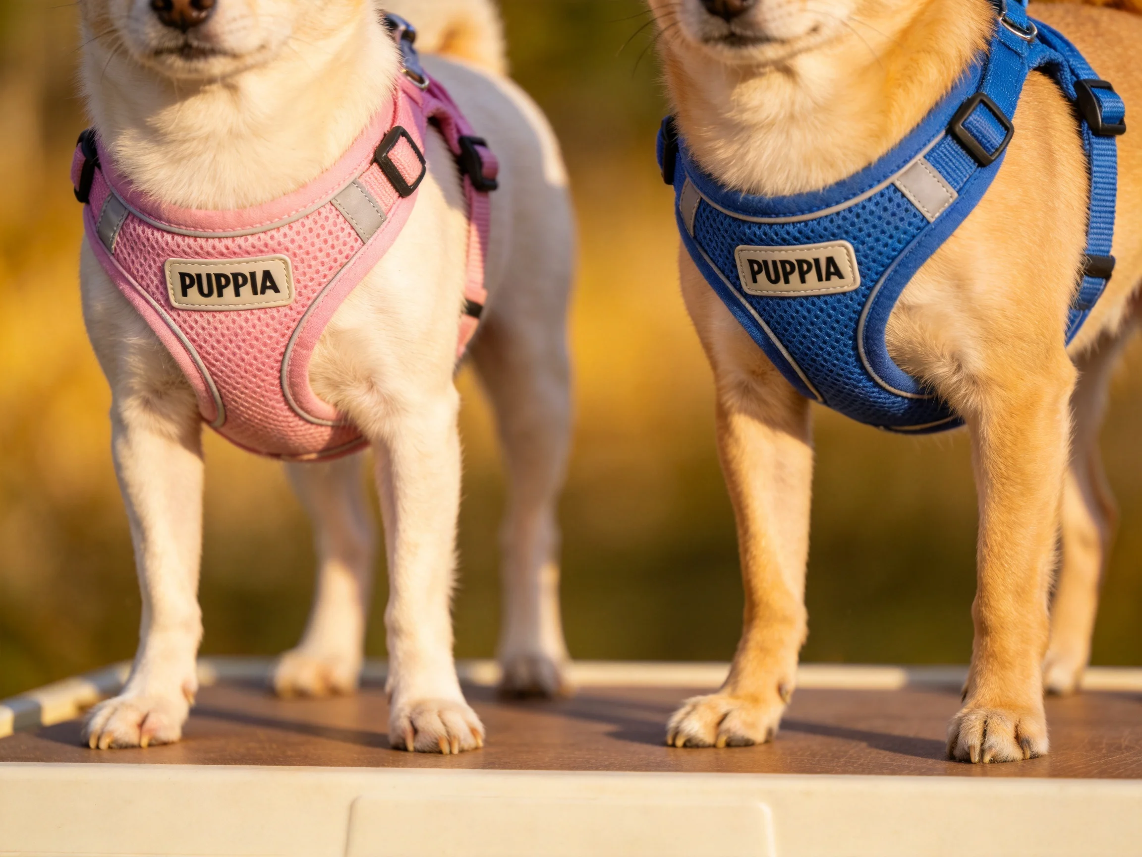 Two small dogs wear branded harnesses.