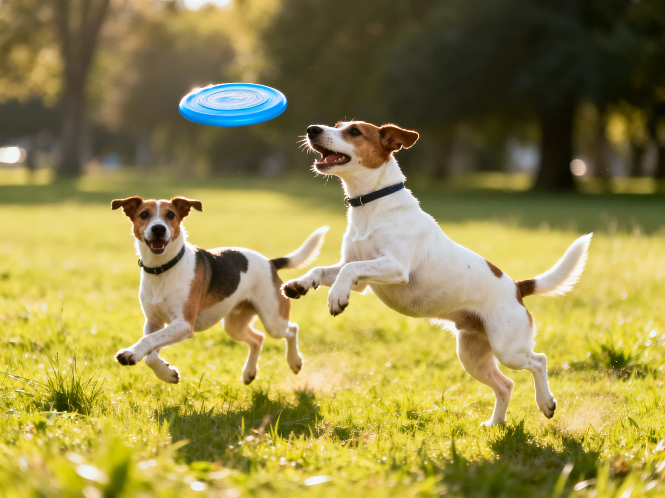 Two small dogs leap for a bright blue frisbee in a sunlit park