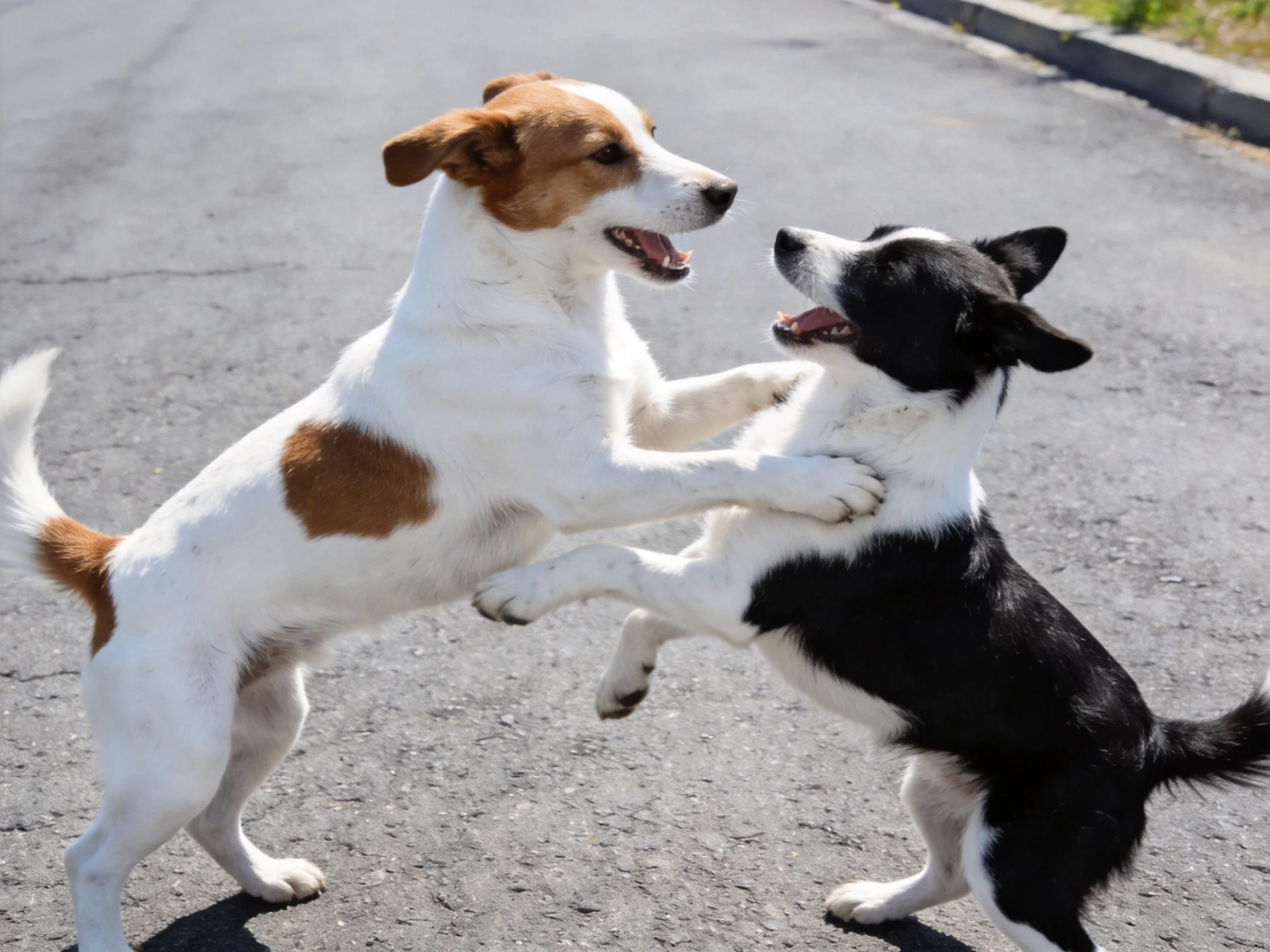 Two small dogs—one brown and white, one black and white—play on an asphalt road