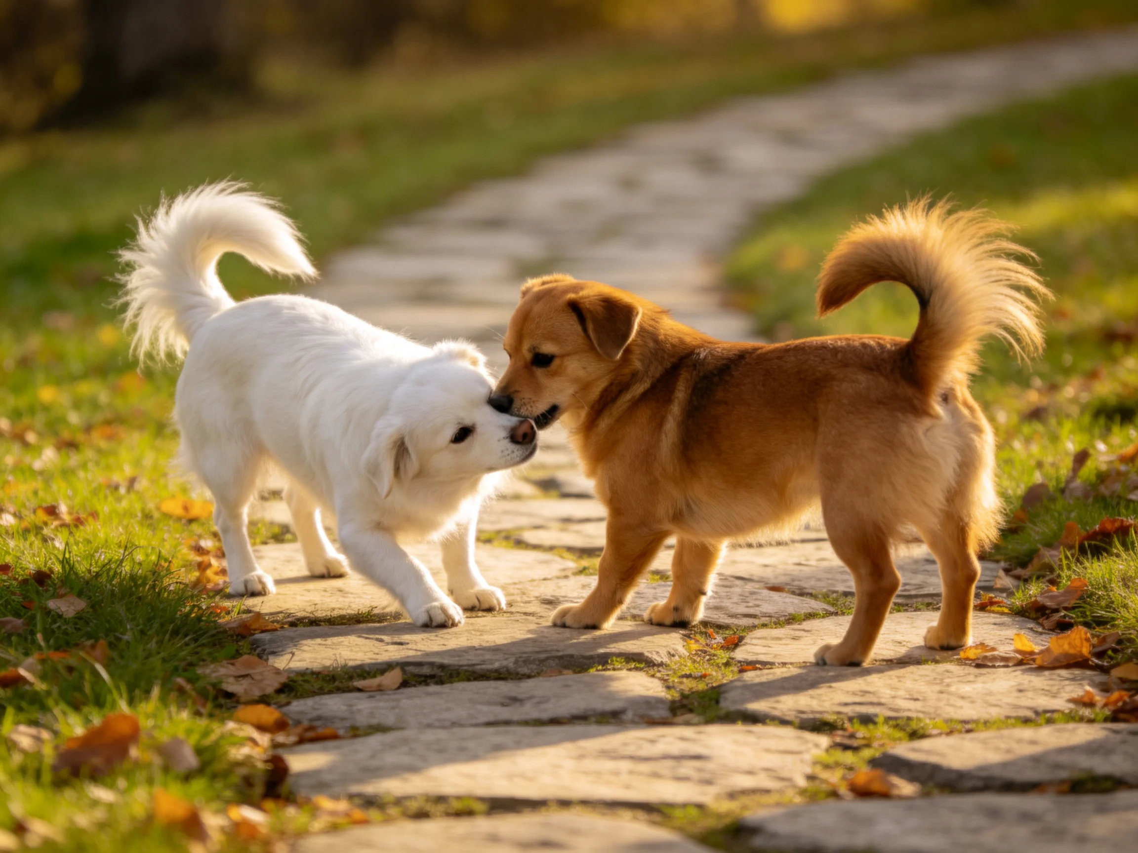 Two small dogs nuzzle each other on a stone path in a sunlit outdoor setting.