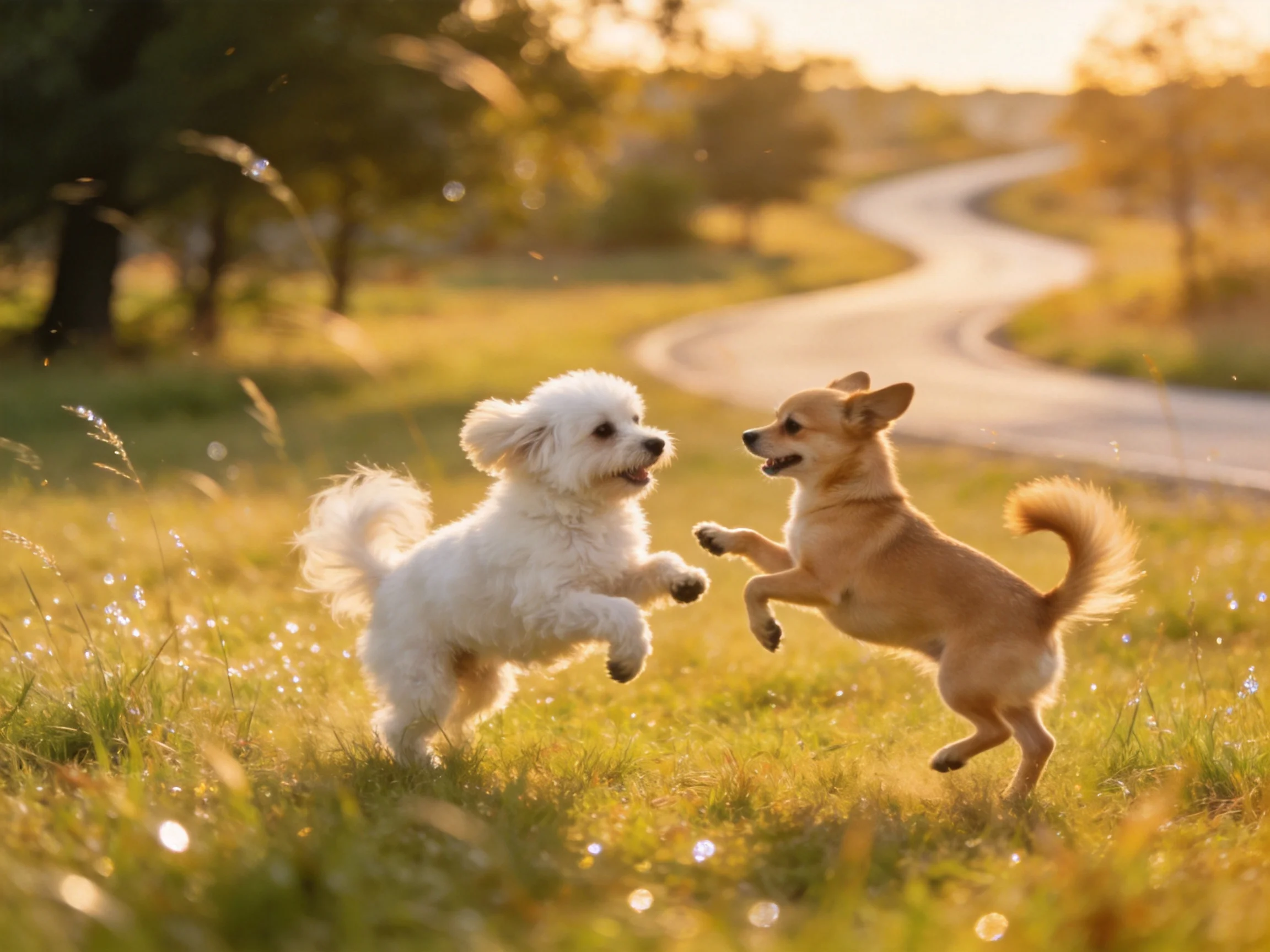 Two small dogs play joyfully in a sunlit meadow