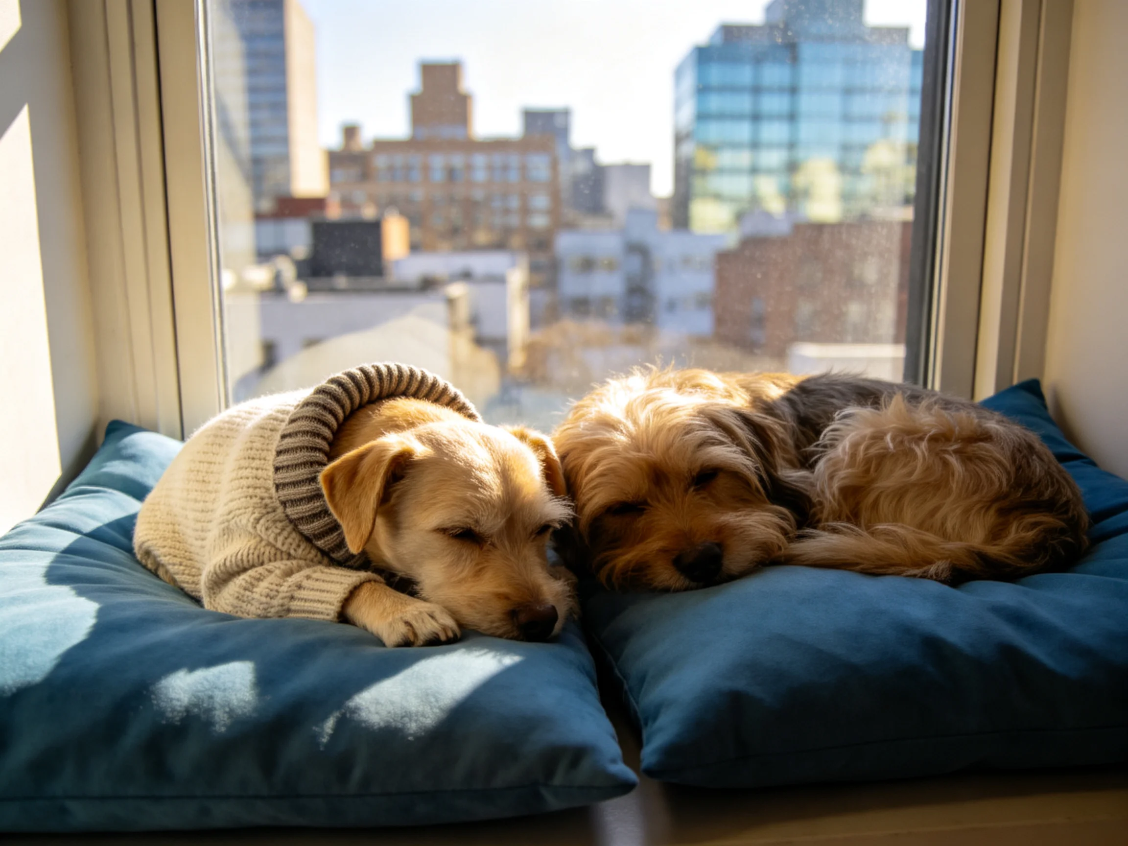 Two small dogs rest on blue cushions by a city-view window