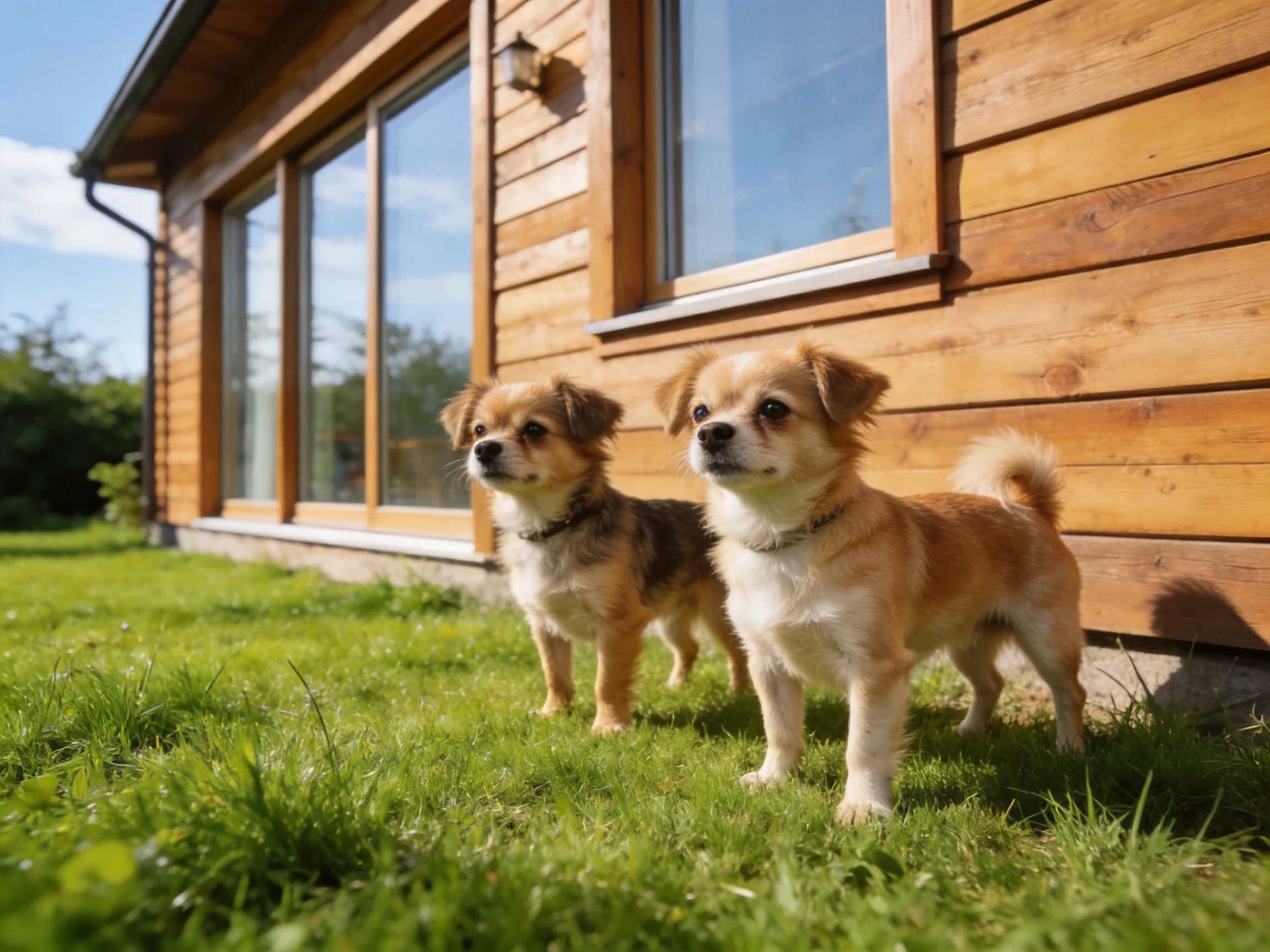 Two small dogs stand near a wooden house outdoors.