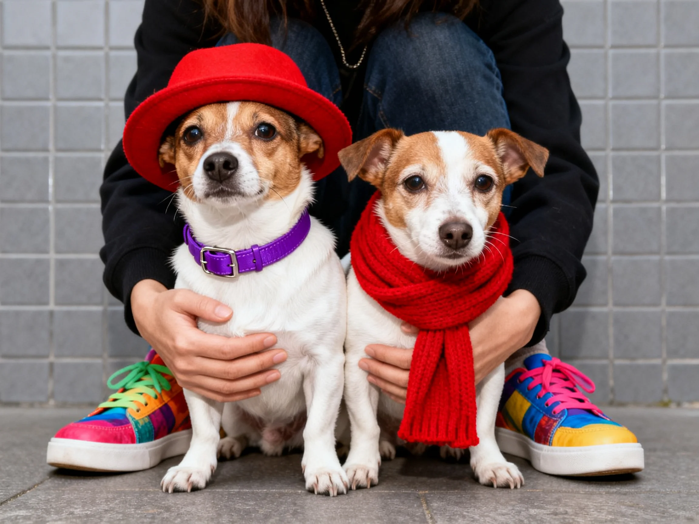 Two small dogs sit between a person’s colorful sneakers, one wearing a red hat, the other a red scarf.