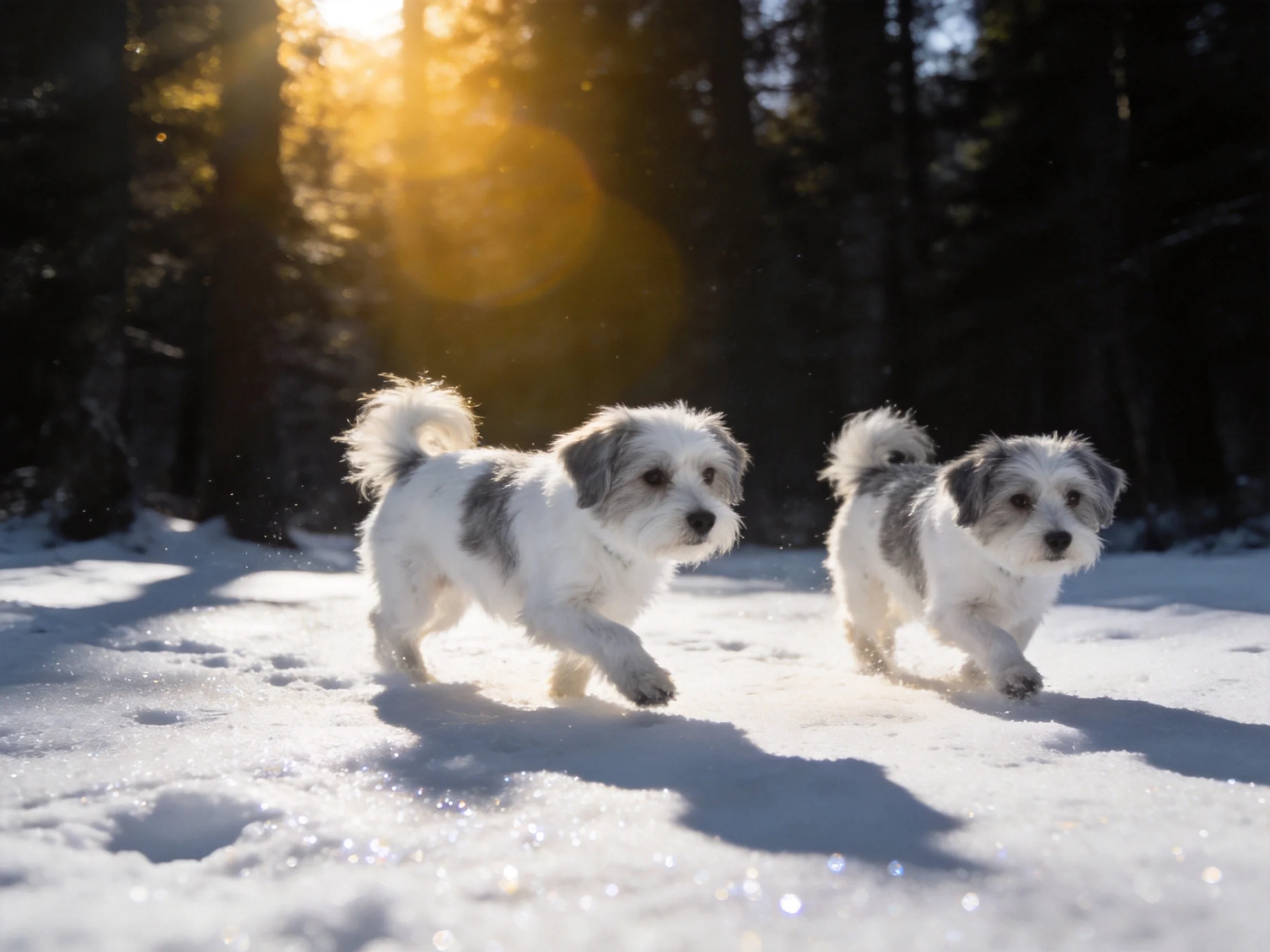 Two small dogs run through bright snow in a sunlit wooded area.