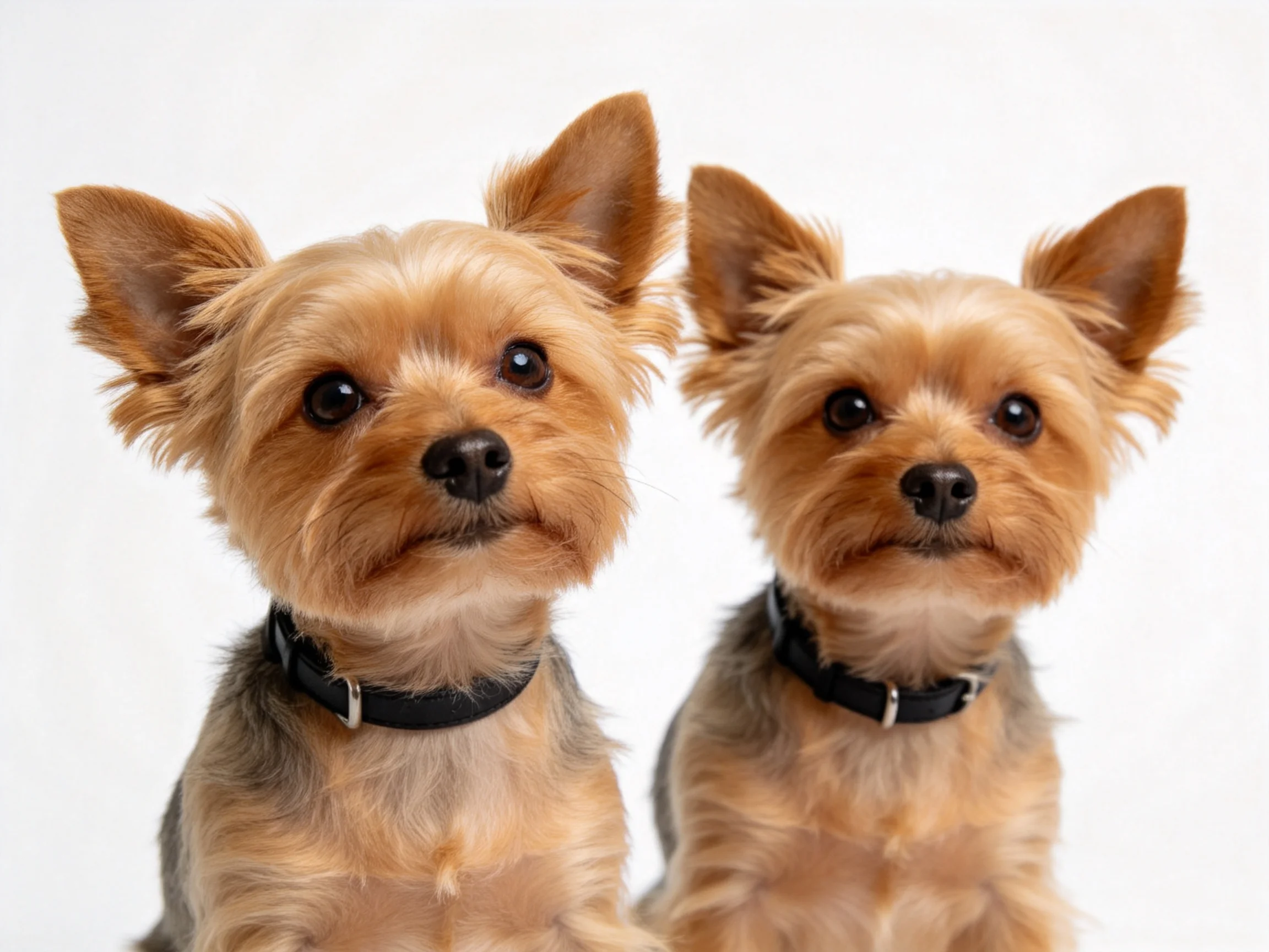 Two small dogs with black collars sit closely together on a white surface.