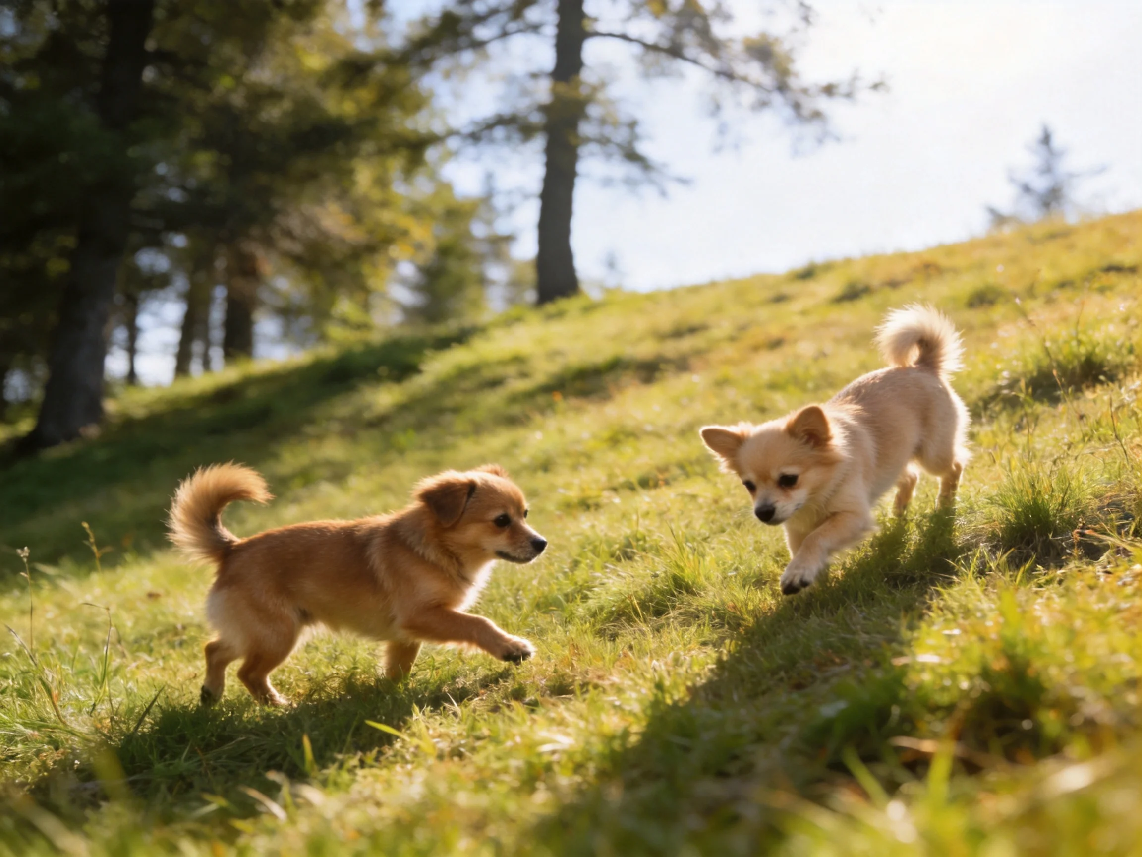 Two small tan dogs playing on a sunlit green grassy hillside