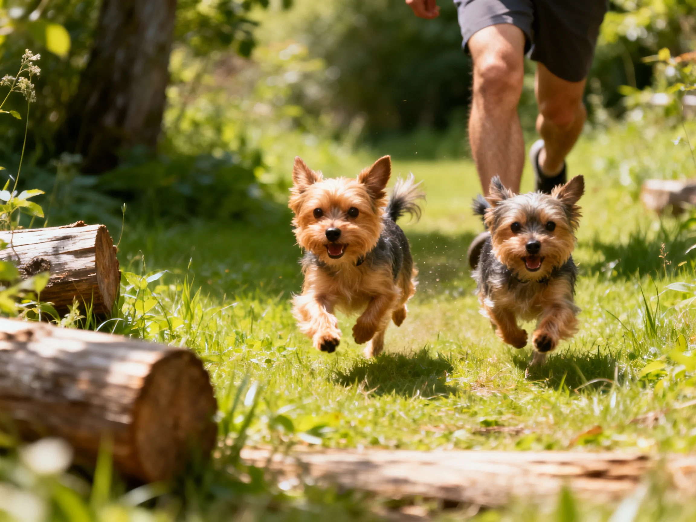 Two small terrier dogs run joyfully near a jogger on a sunlit grassy path