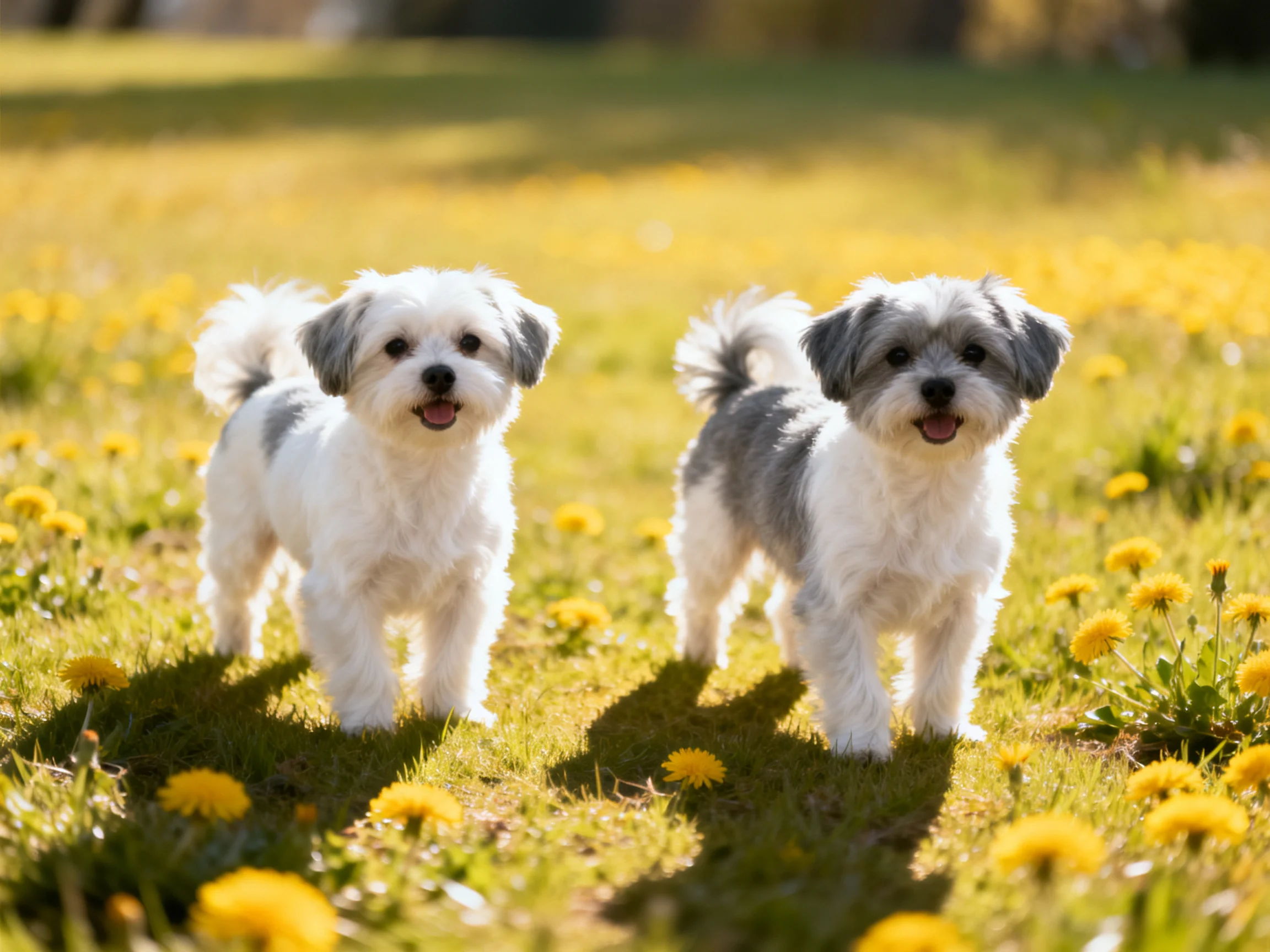 Two small dogs enjoy a sunny day among yellow flowers in a grassy meadow.