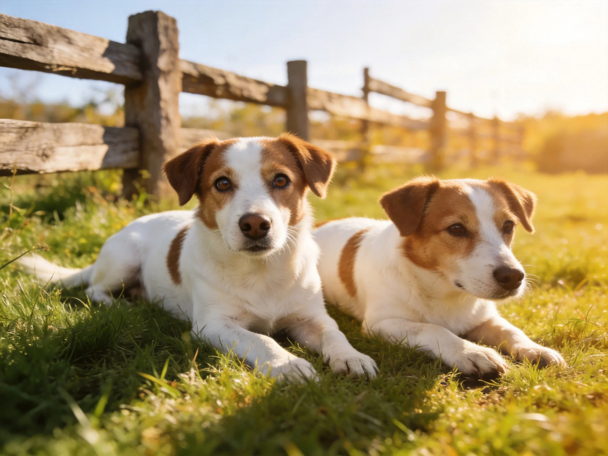Two small white-brown puppies rest on green grass by a wooden fence