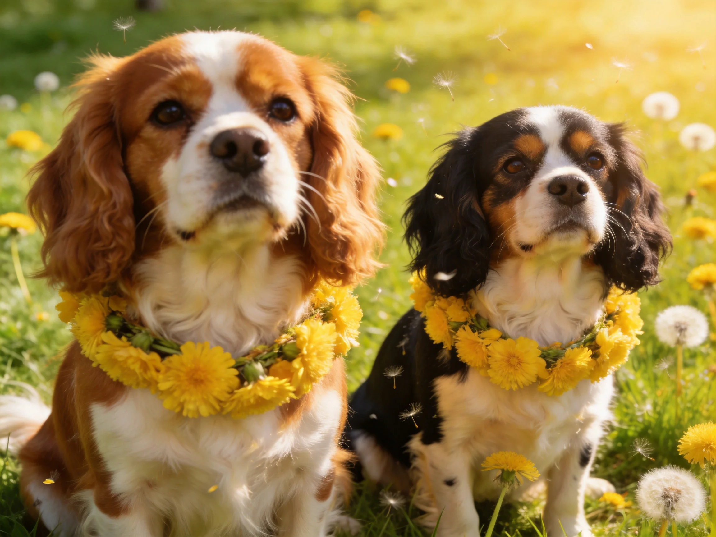 Two spaniel dogs wearing yellow flower garlands in a sunlit meadow