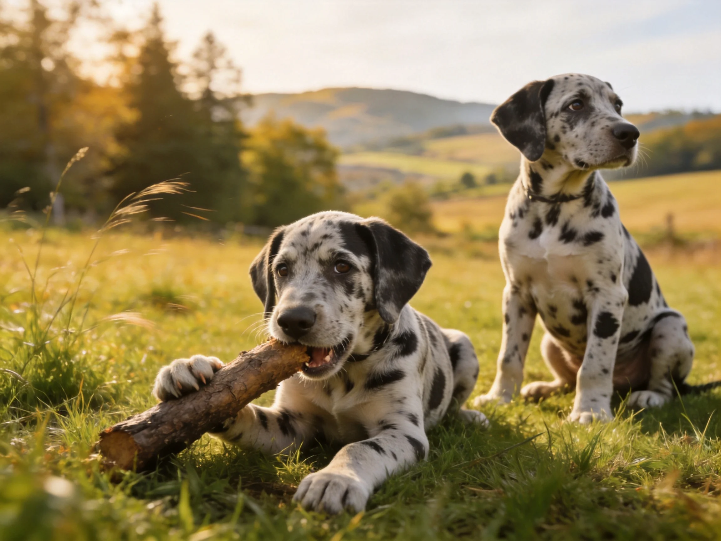 Two spotted Dalmatian puppies play with a wooden stick in a sunlit meadow