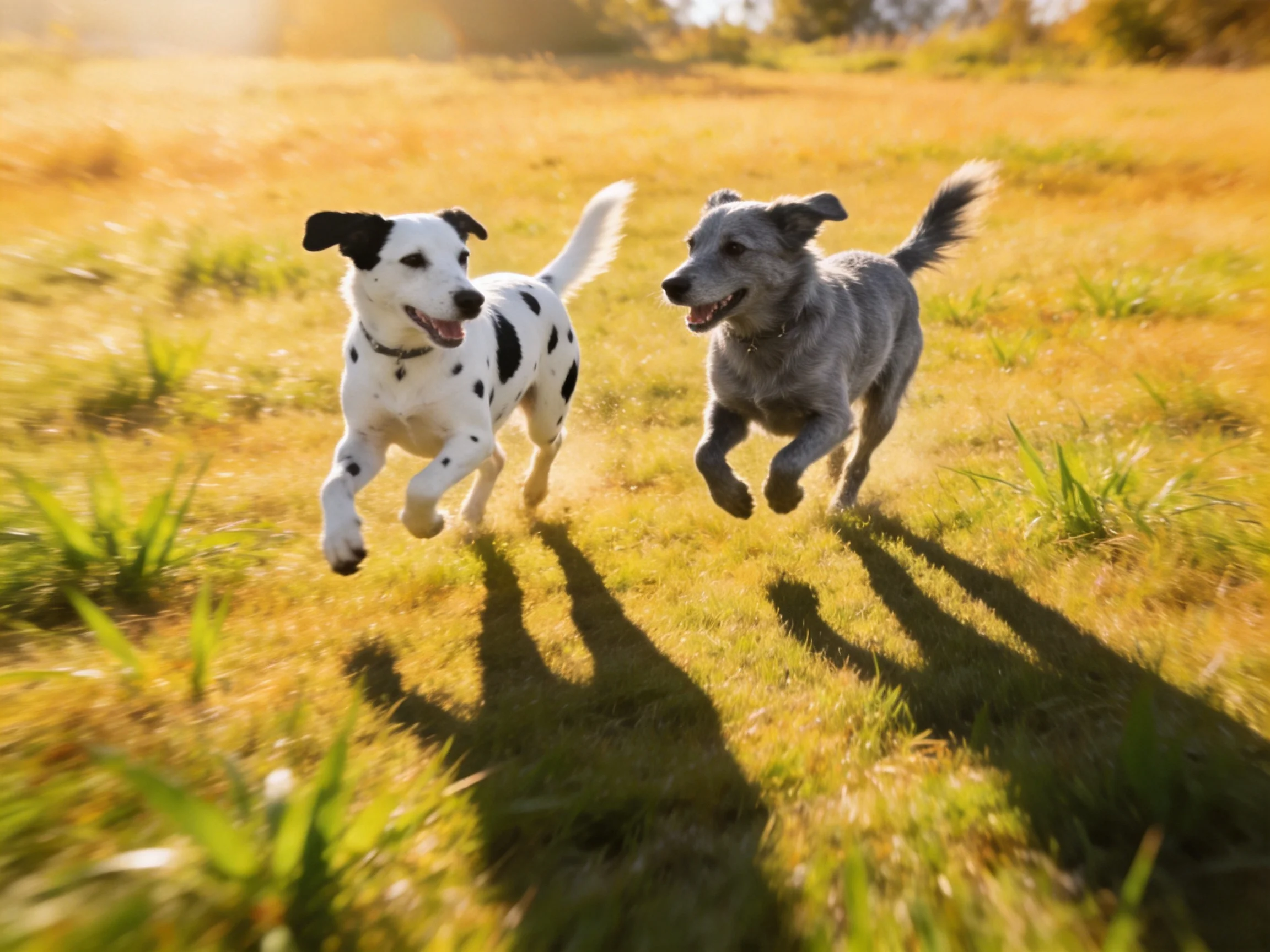 Two dogs of different colors run joyfully across a sunlit grassy area.