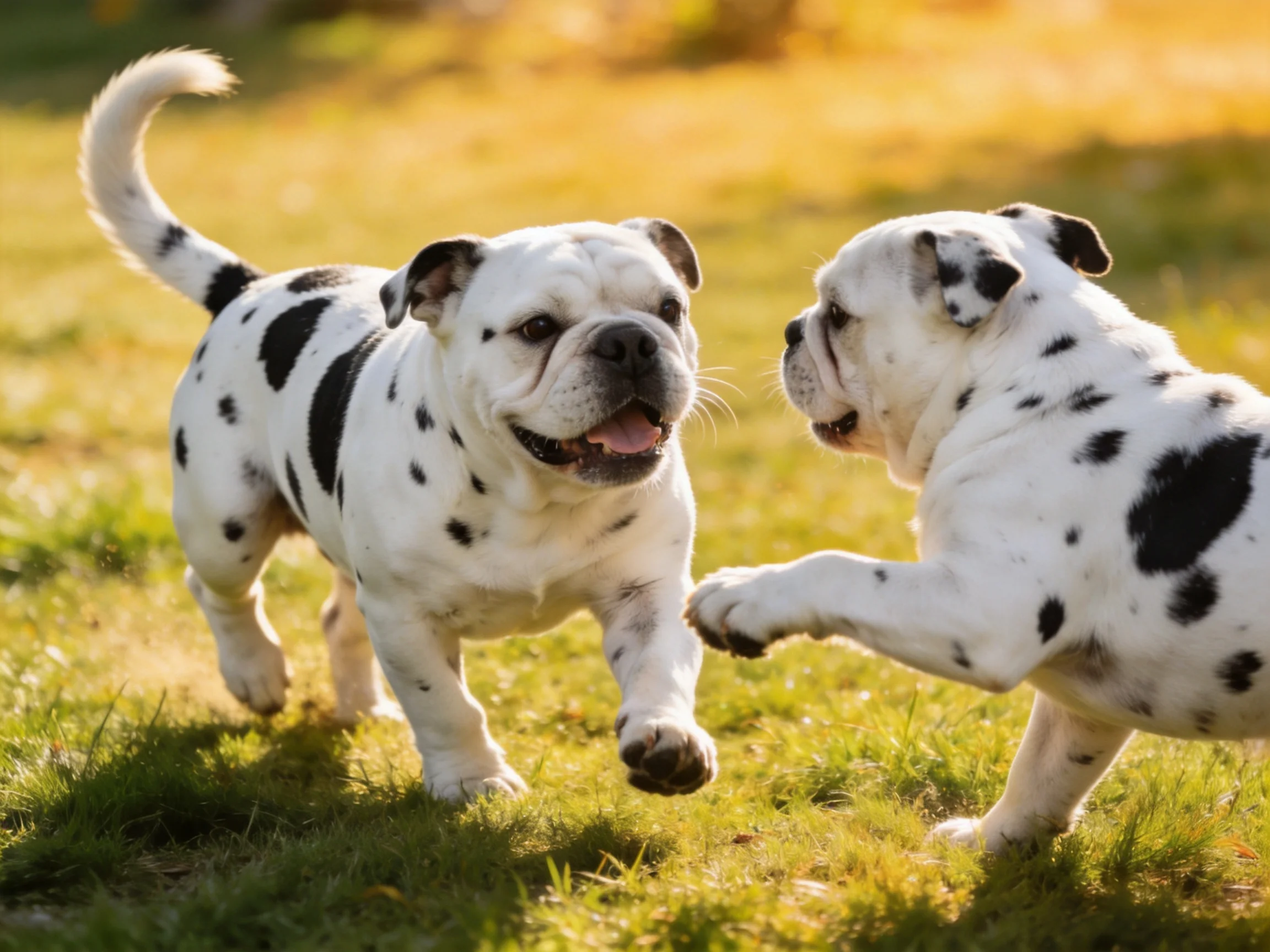 Two spotted bulldogs play together on a sunny grassy field.