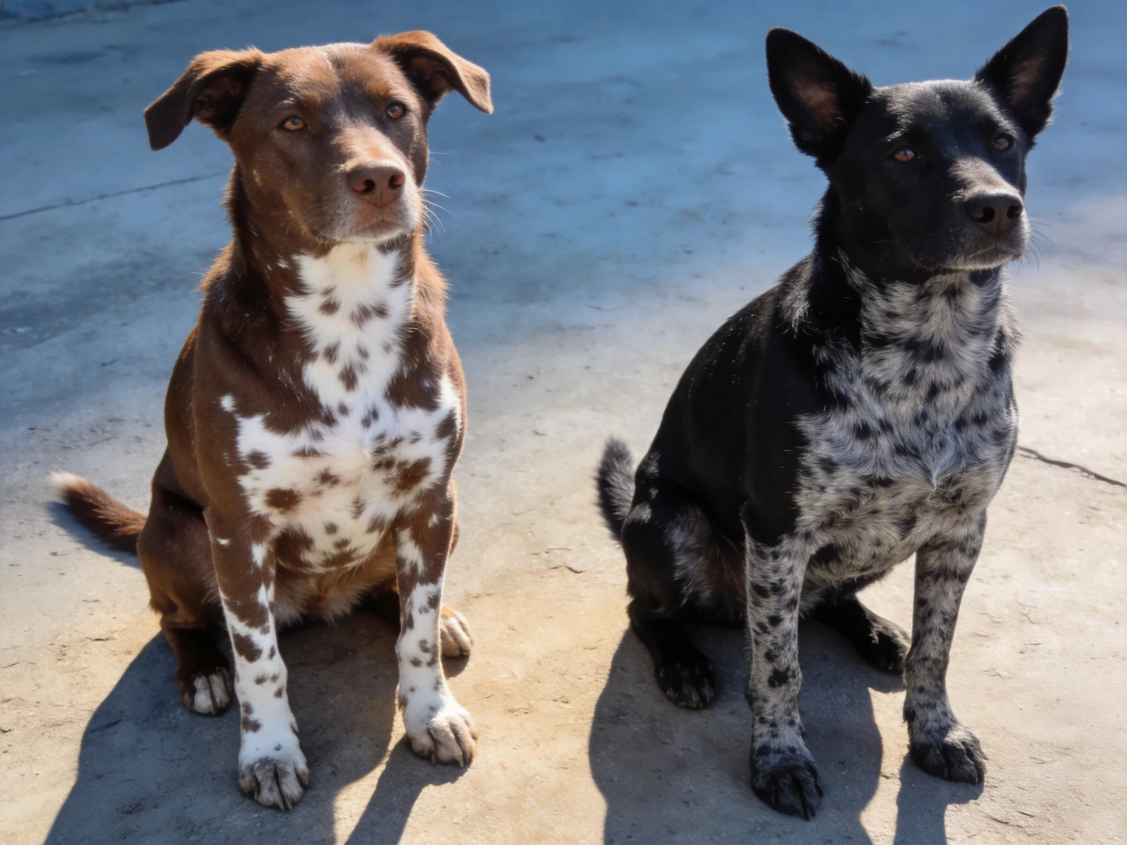 Two spotted dogs sit calmly together on a concrete surface.