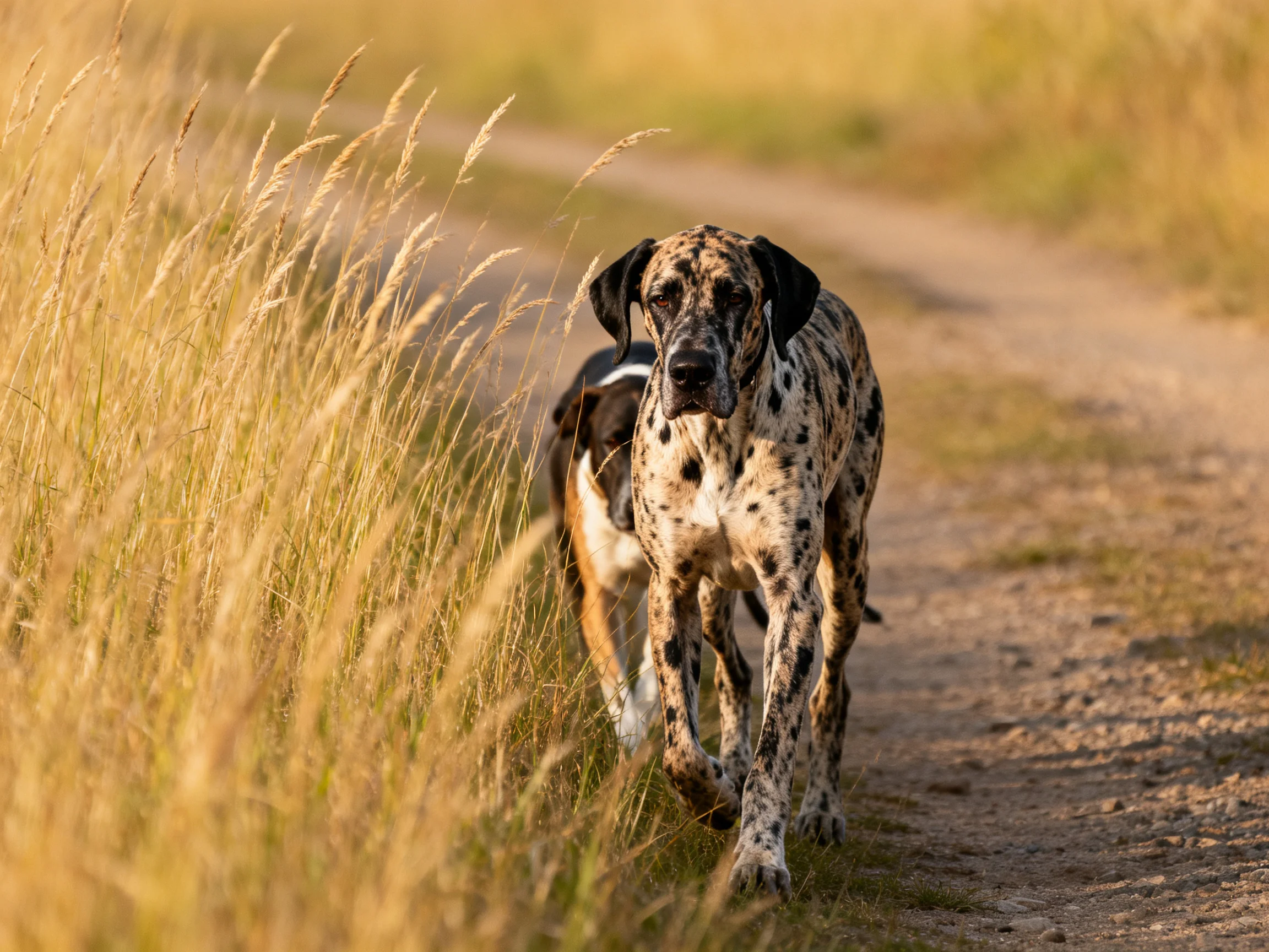Two spotted dogs walk along a sunlit dirt path with tall golden grass