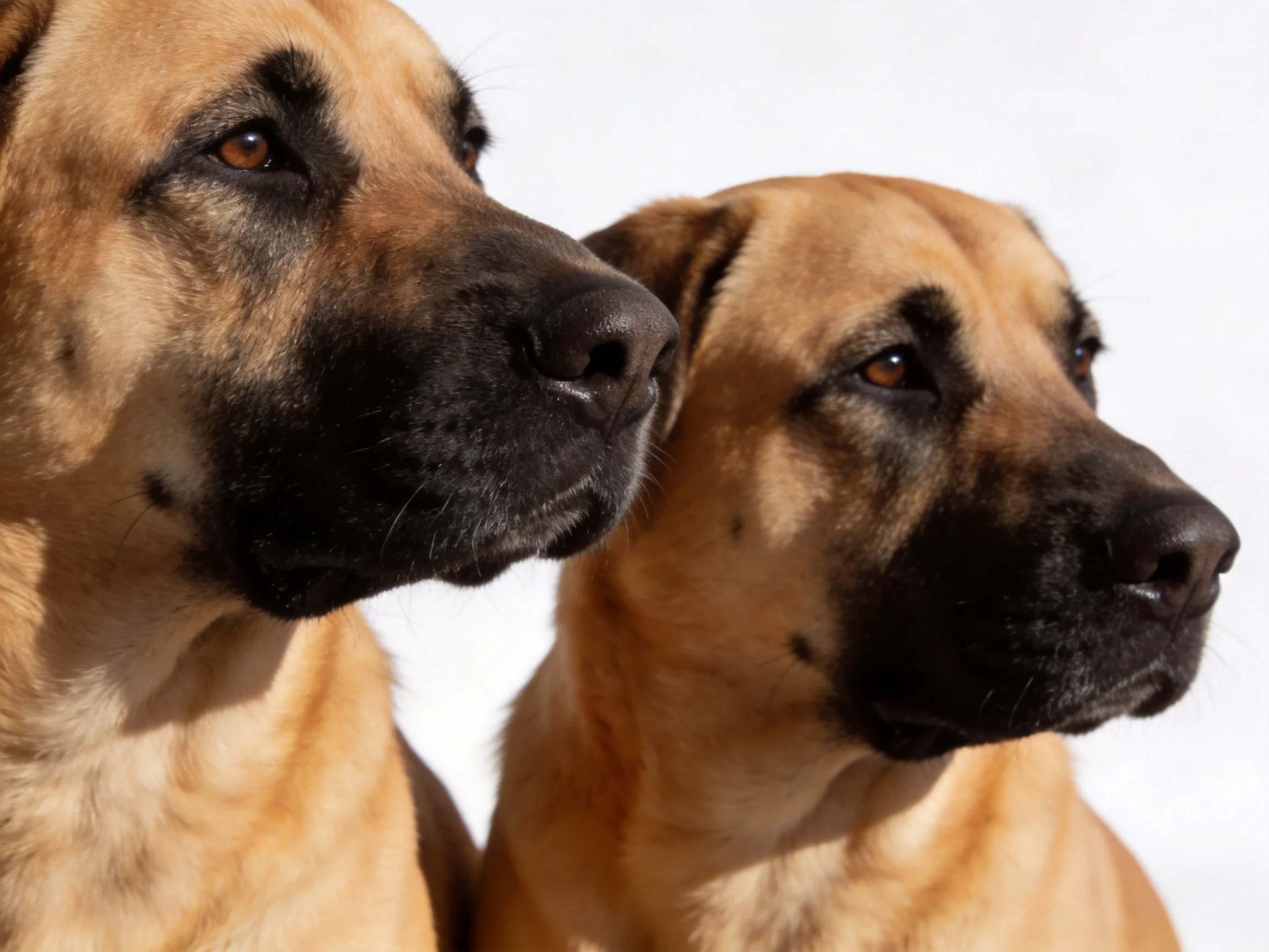 Two tan - coated dogs with dark facial markings gaze side by side