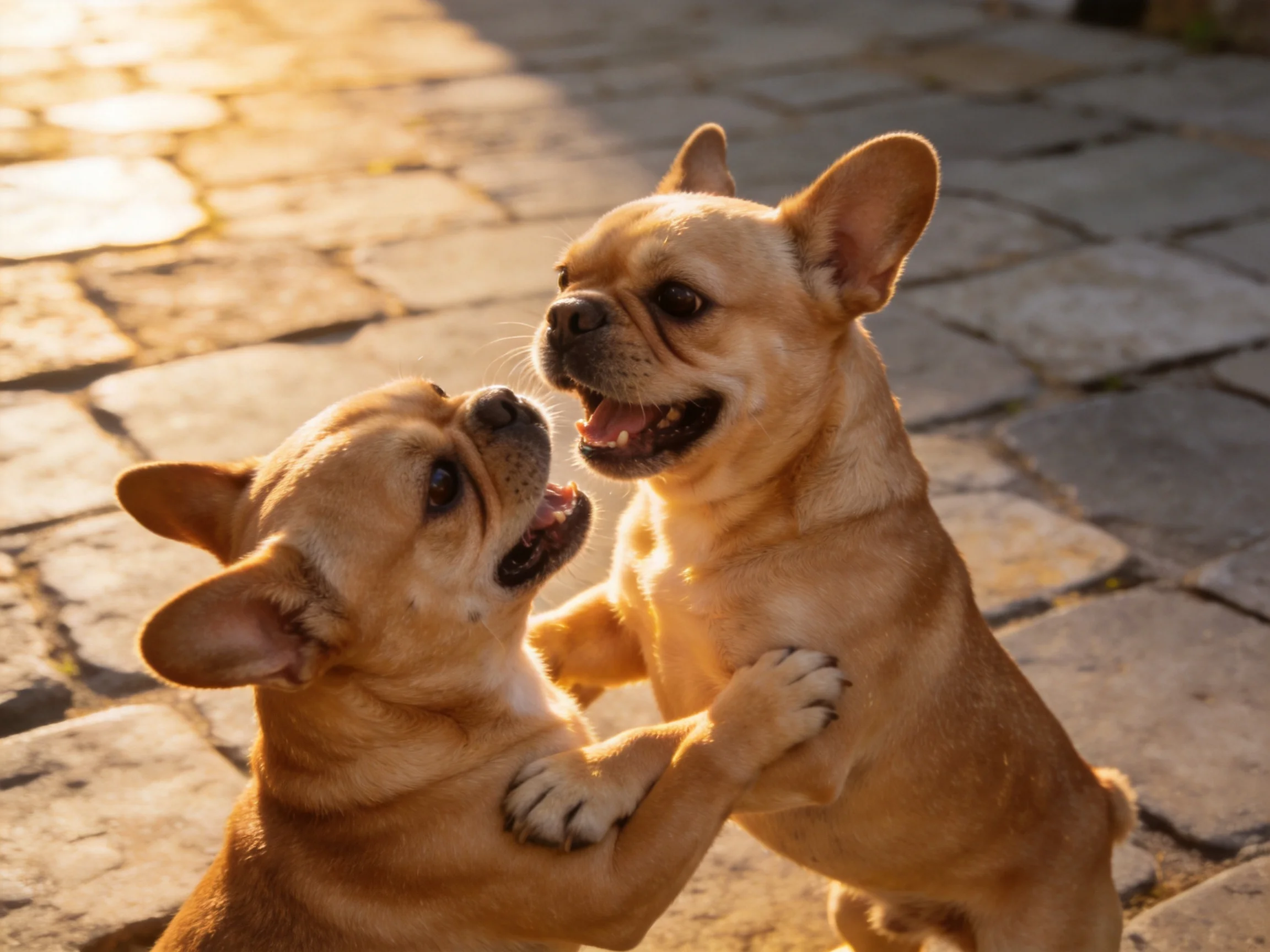 Two tan French Bulldogs interact playfully on a cobblestone surface