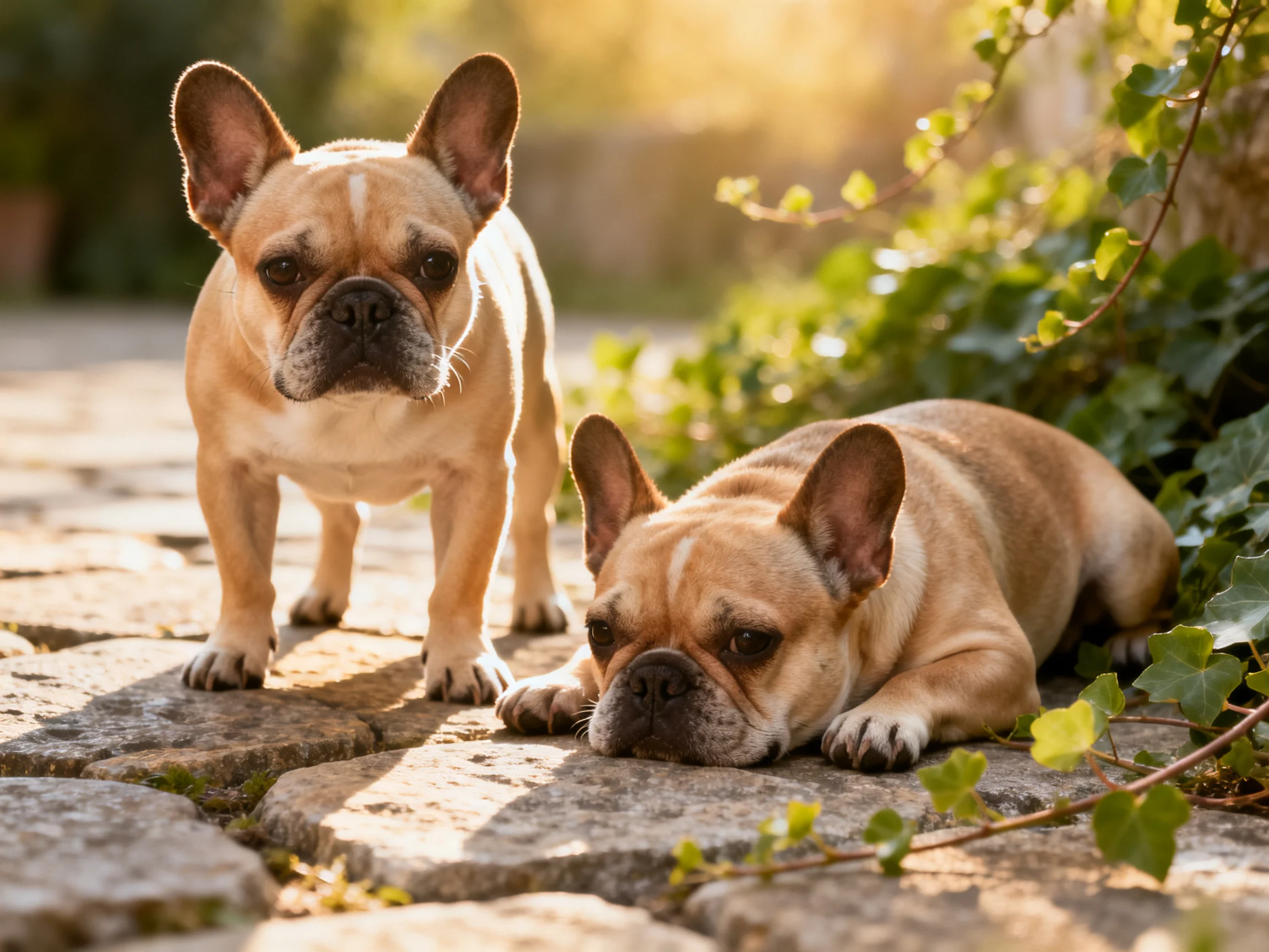 Two tan French Bulldogs rest and stand on a stone path near green foliage