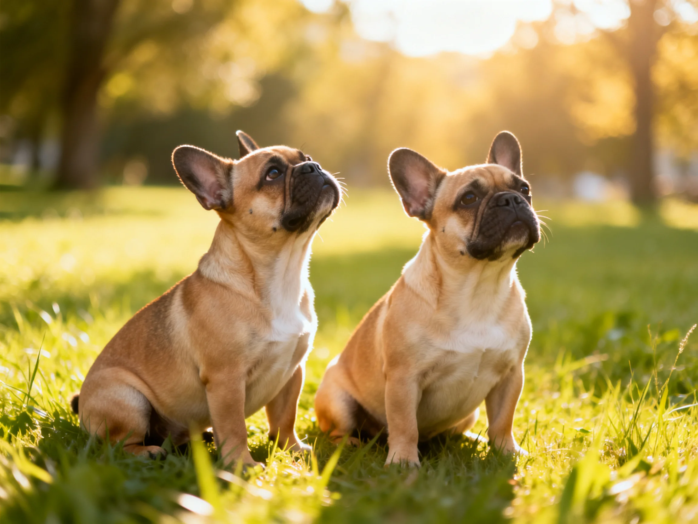 Two tan French Bulldogs sit on sunlit green grass