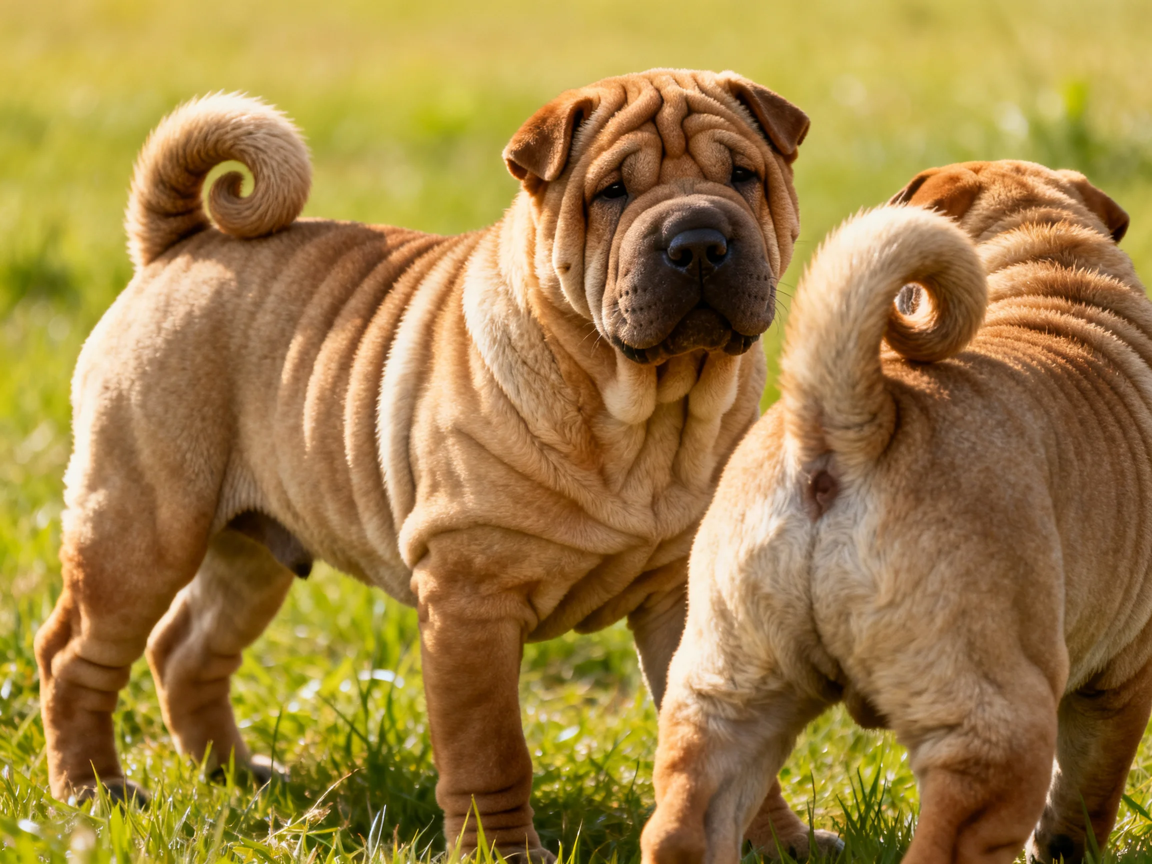 Two tan Shar Pei puppies interacting on a sunlit grassy field