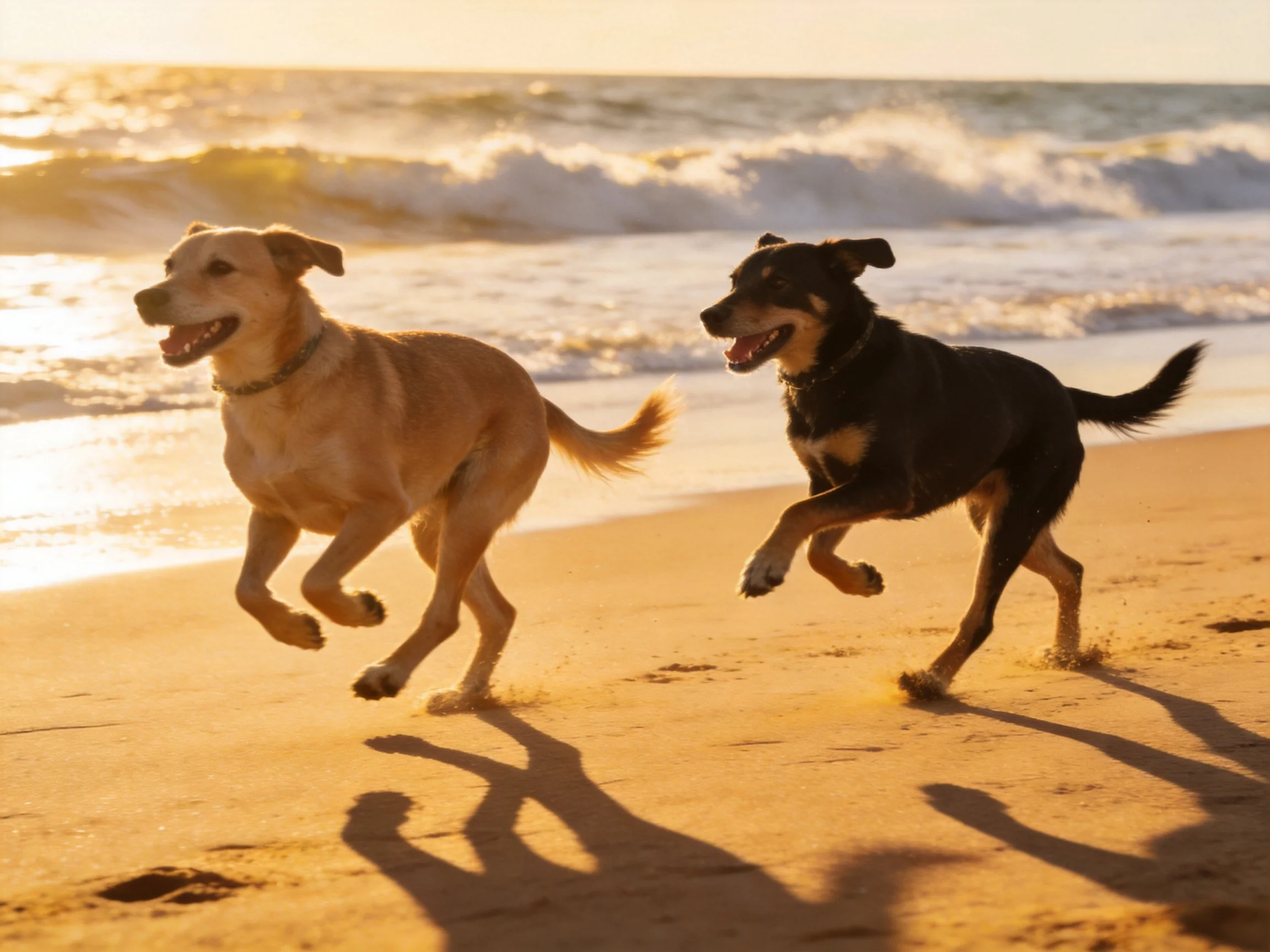 Two tan and black dogs joyfully running along a sandy beach shoreline