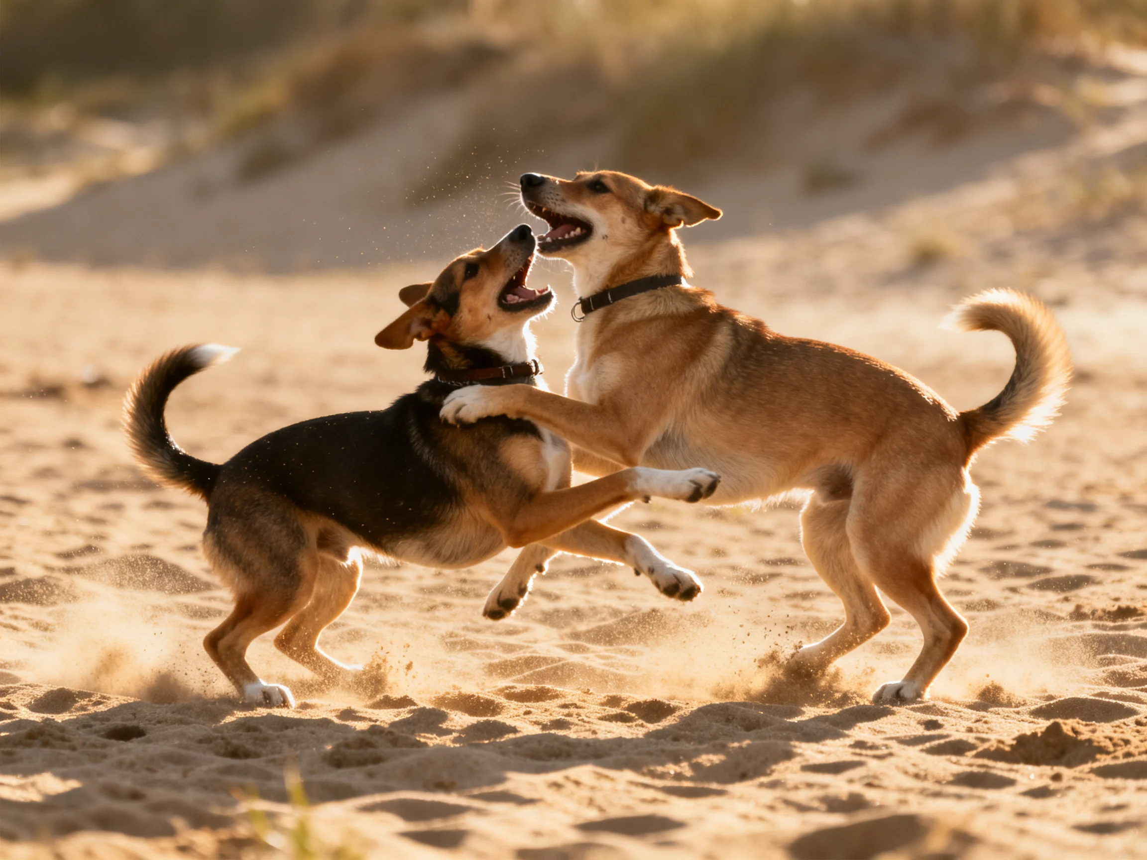 Two tan and black dogs play energetically on golden sand dunes