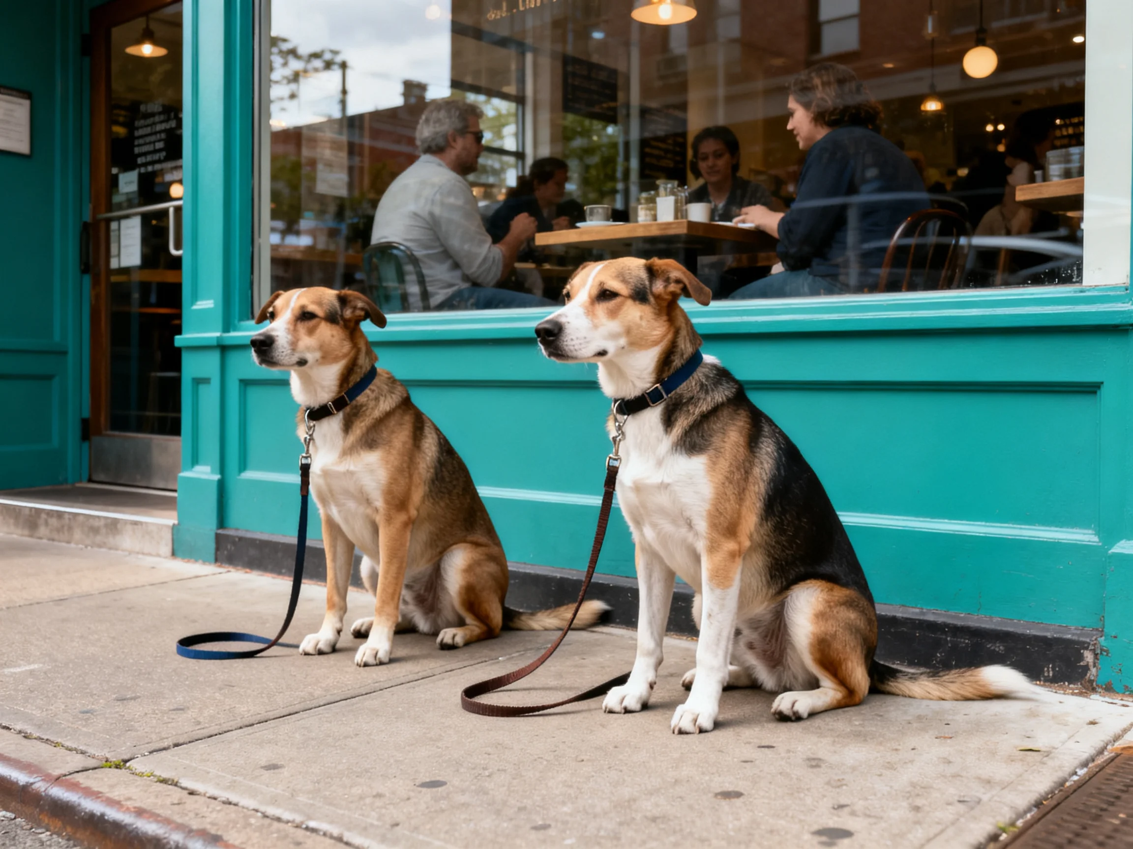Two tan-and-black dogs sit by a turquoise storefront window.