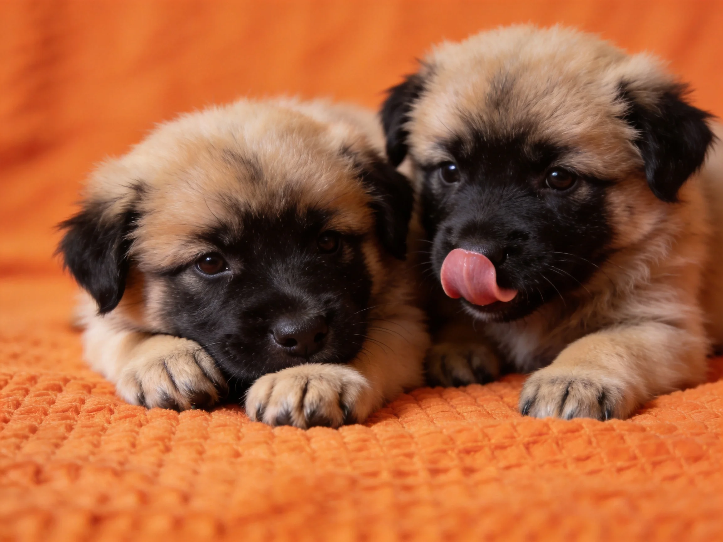 Two tan and black puppies rest on an orange textured blanket