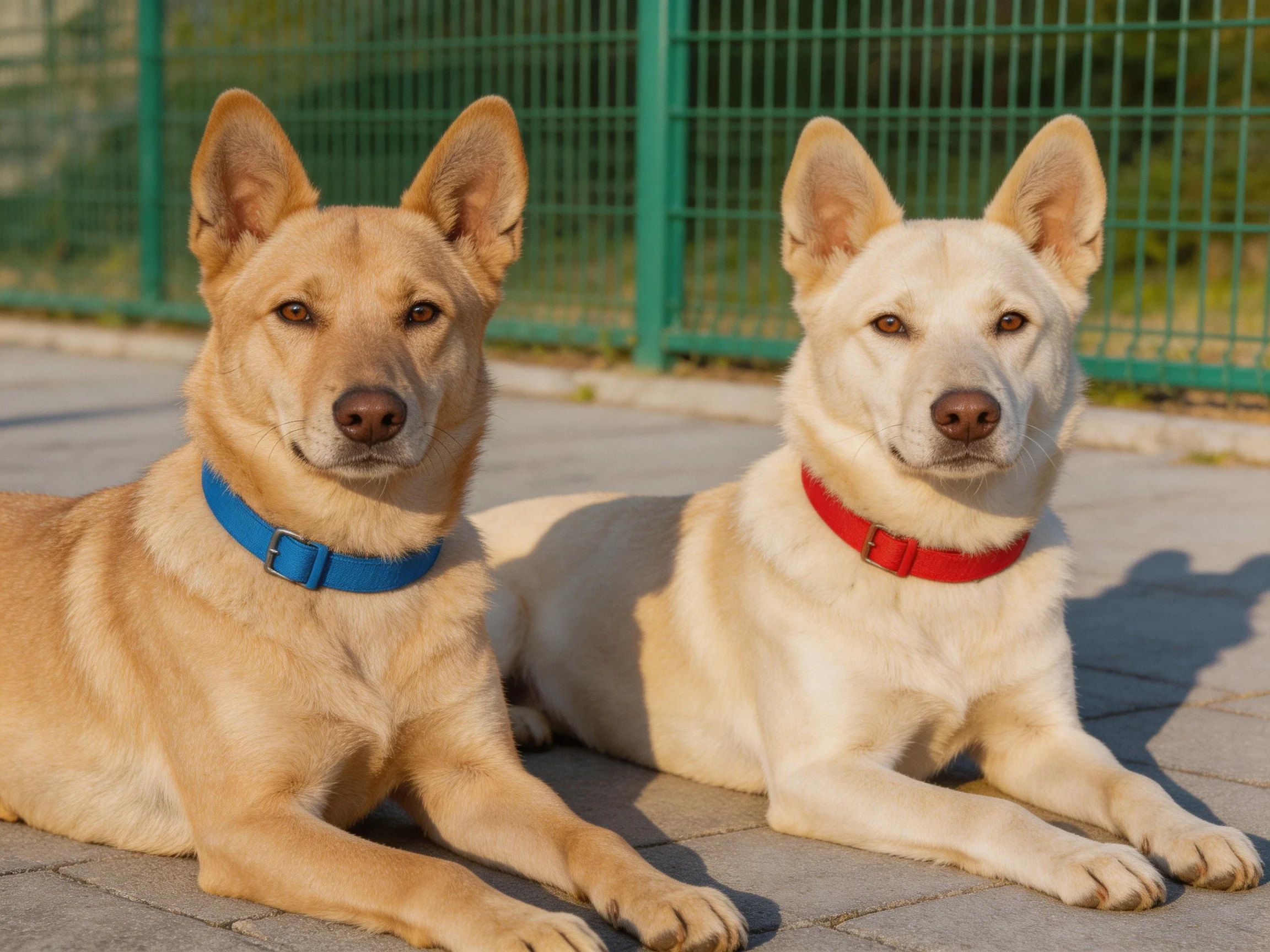 Two tan and cream dogs with blue and red collars rest near a green fence