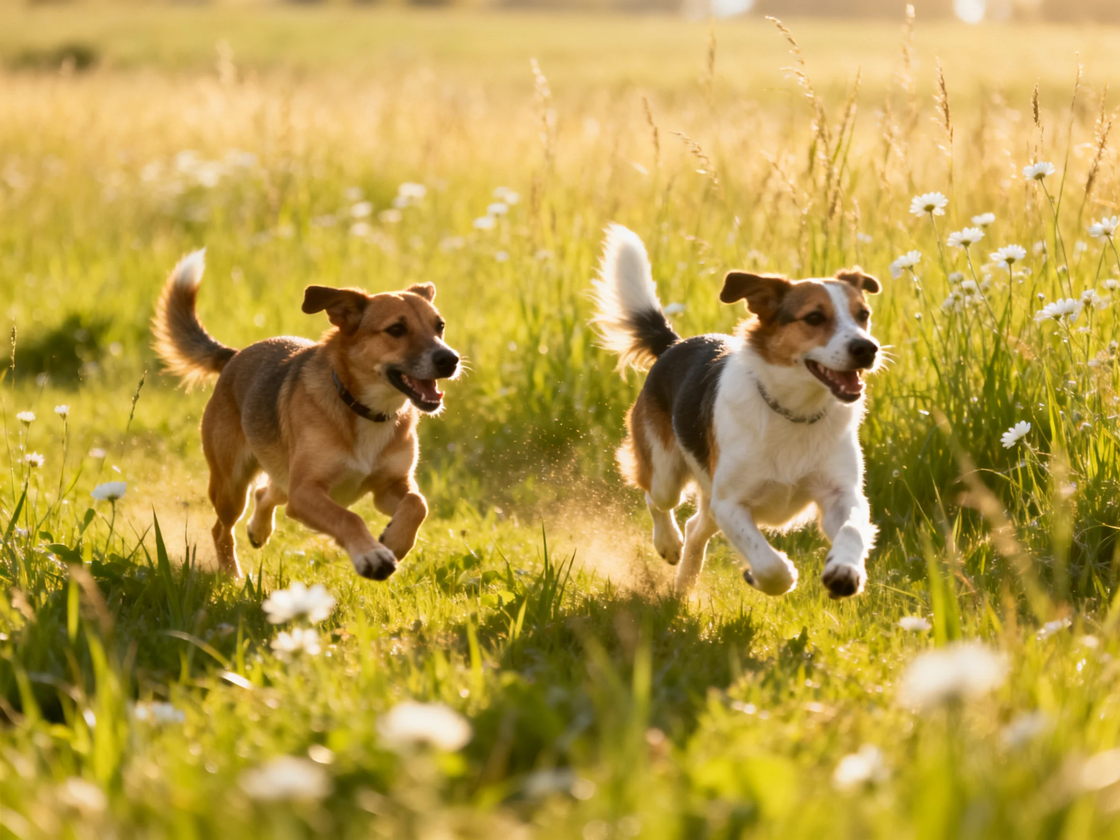 Two tan and tricolor dogs dash through a sunlit grassy meadow with wildflowers