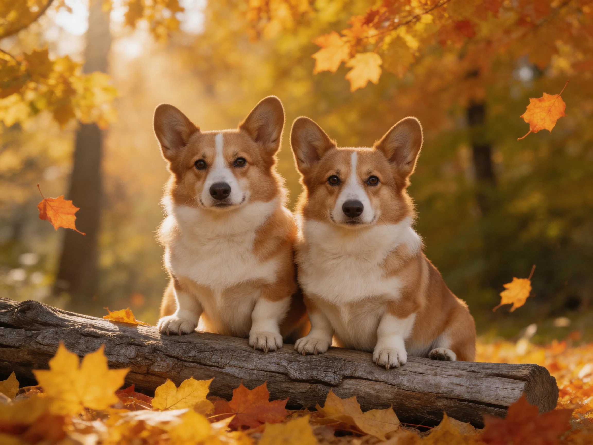 Two corgis rest on a log surrounded by autumn leaves in a sunlit forest.