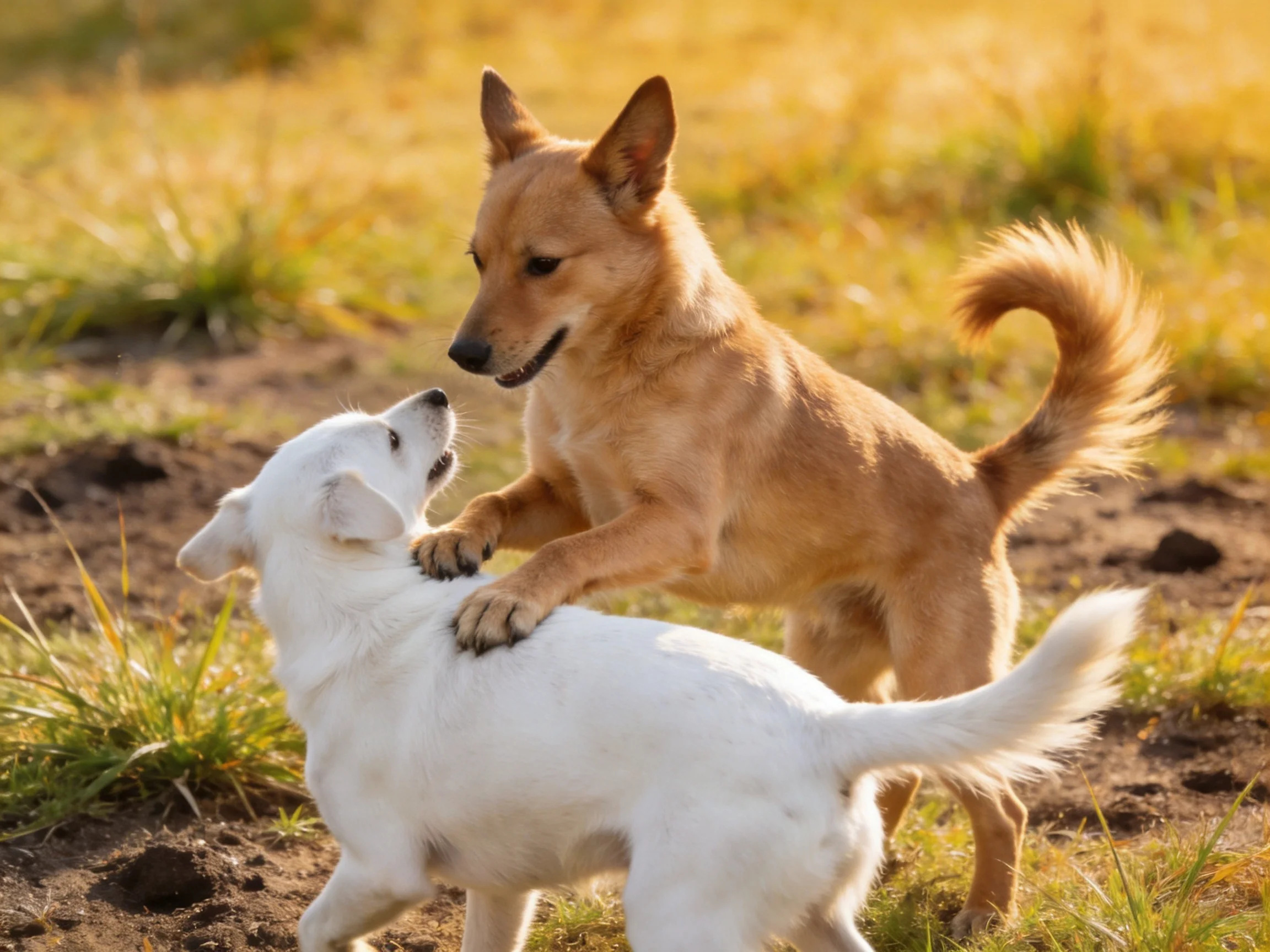 Two tan and white dogs play in a sunlit grassy area