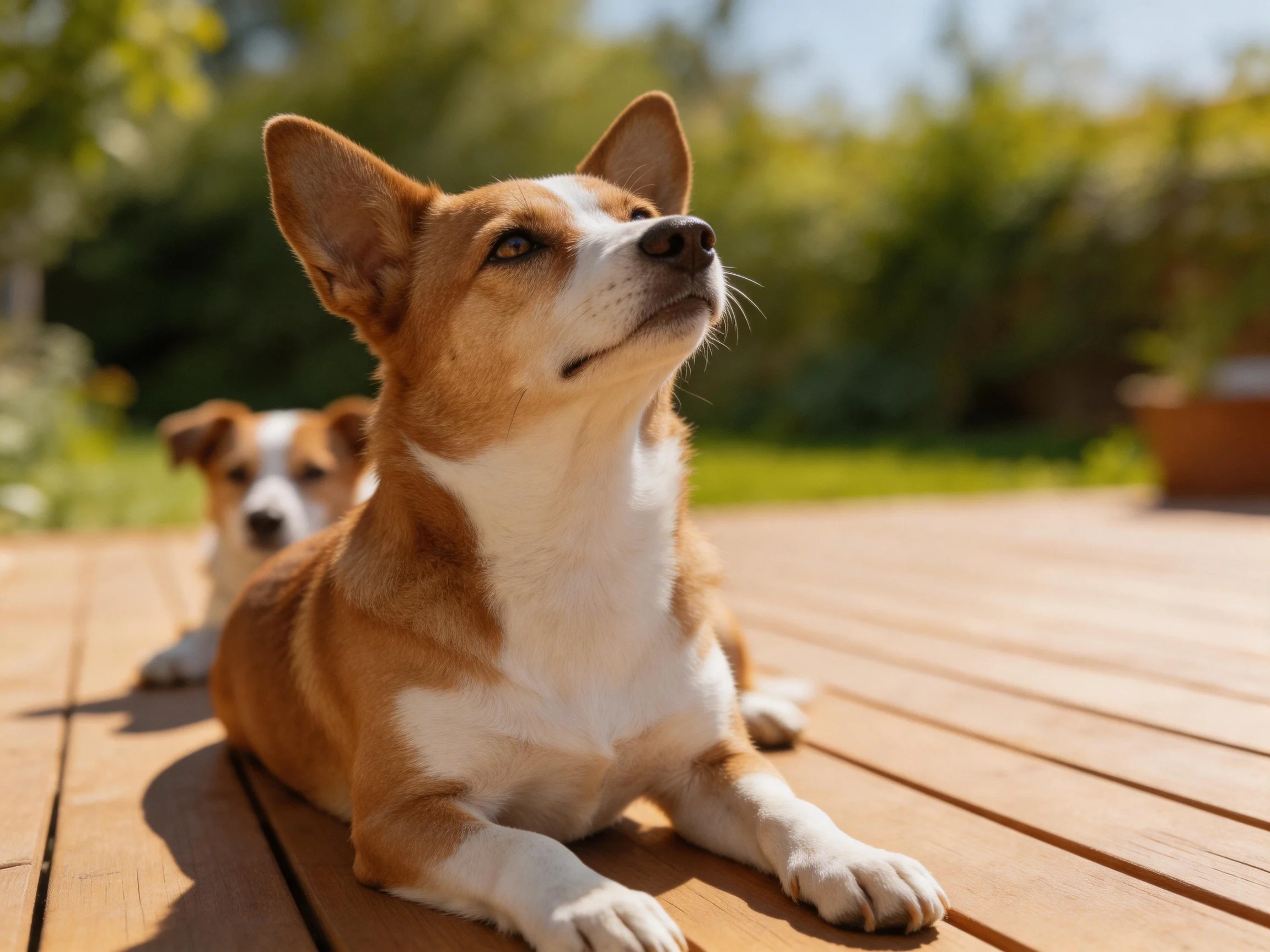 Two tan-and-white dogs relax on a wooden deck outdoors.