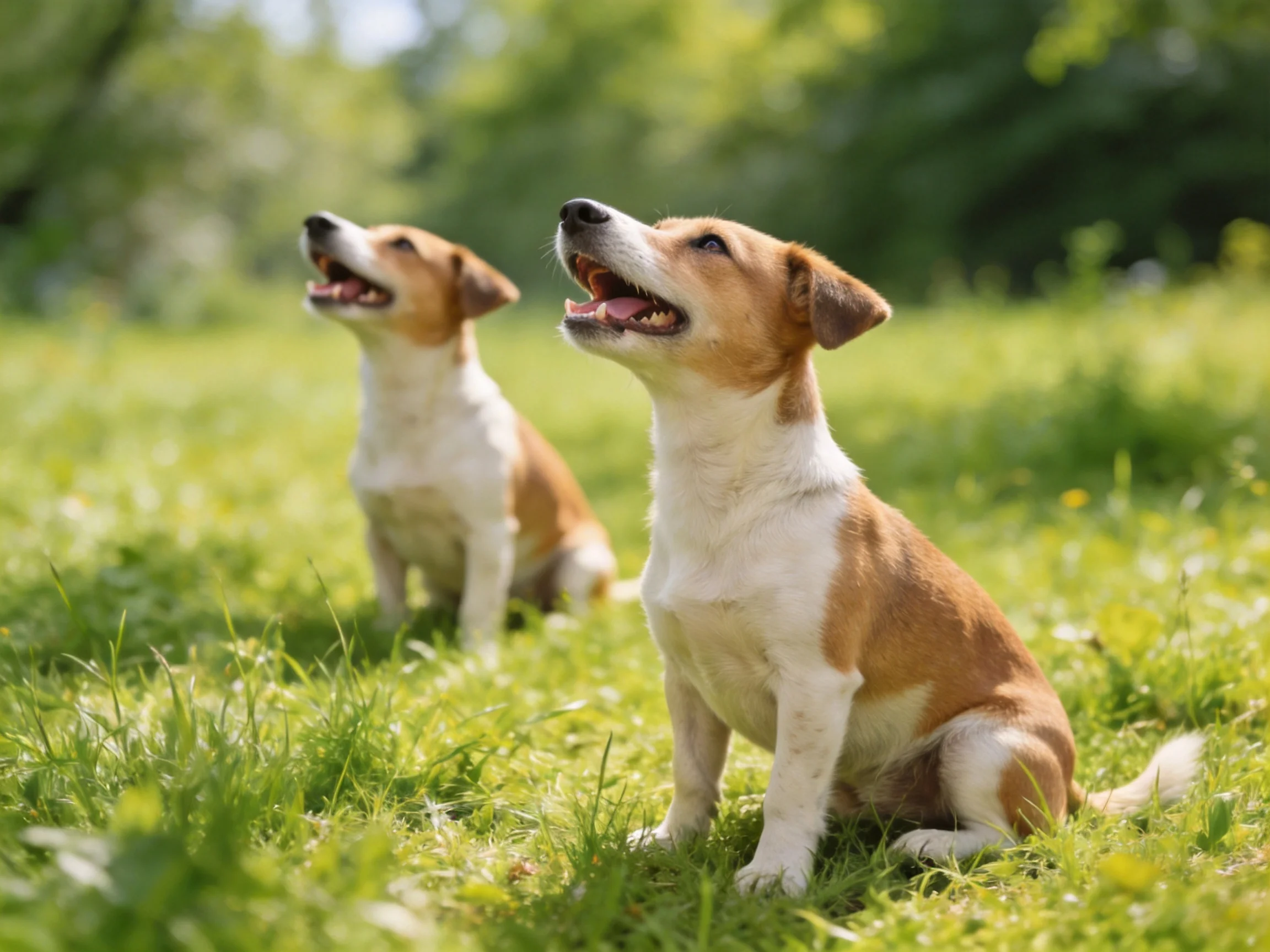 Two tan-and-white dogs sit attentively on lush green grass