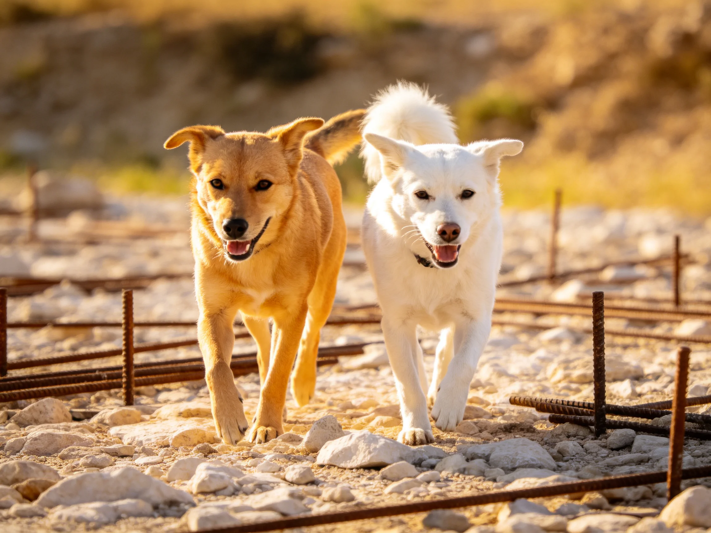 Two tan and white dogs walk near rusty metal rods on rocky ground