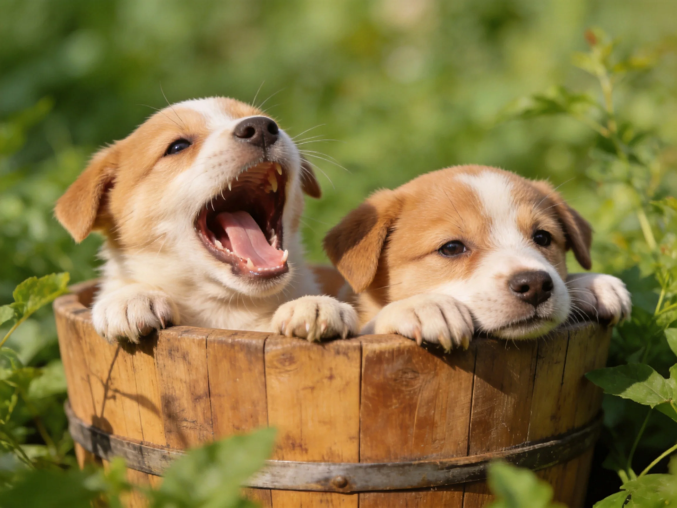 Two tan-and-white puppies in a rustic wooden barrel surrounded by greenery