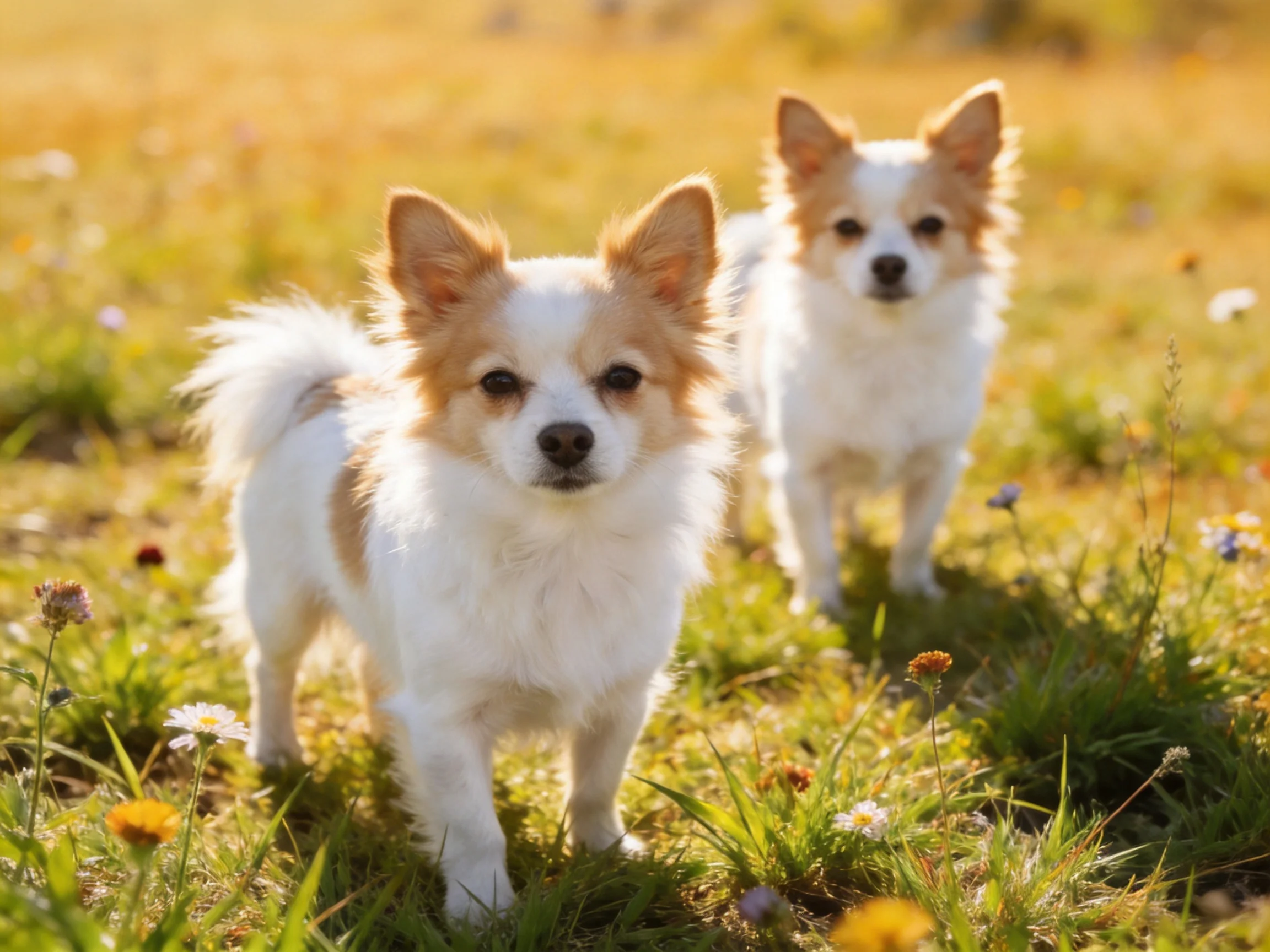 Two tan-and-white dogs stand together in a sunlit meadow with wildflowers.