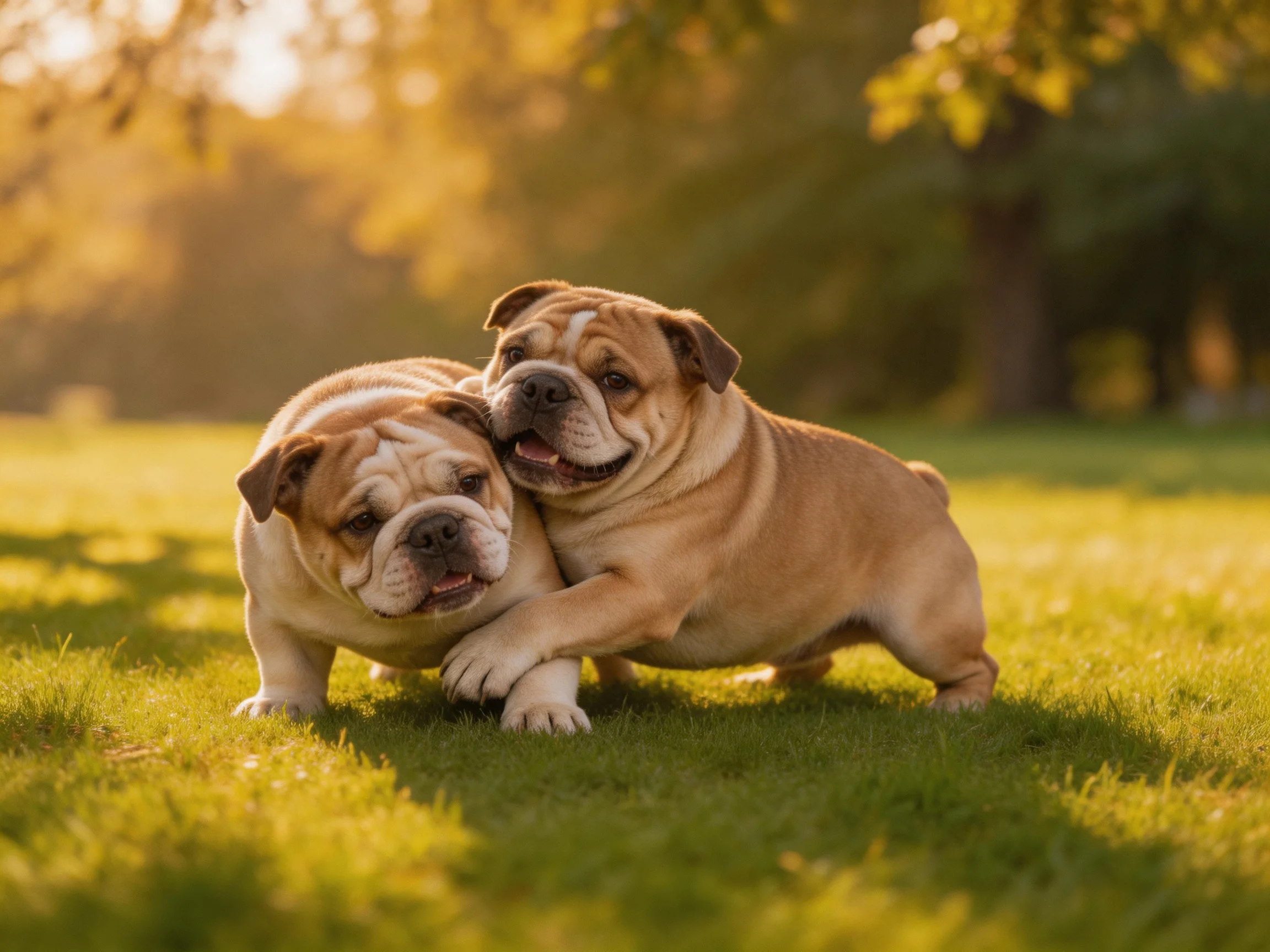Two tan bulldog puppies nuzzle together on a sunlit grassy field