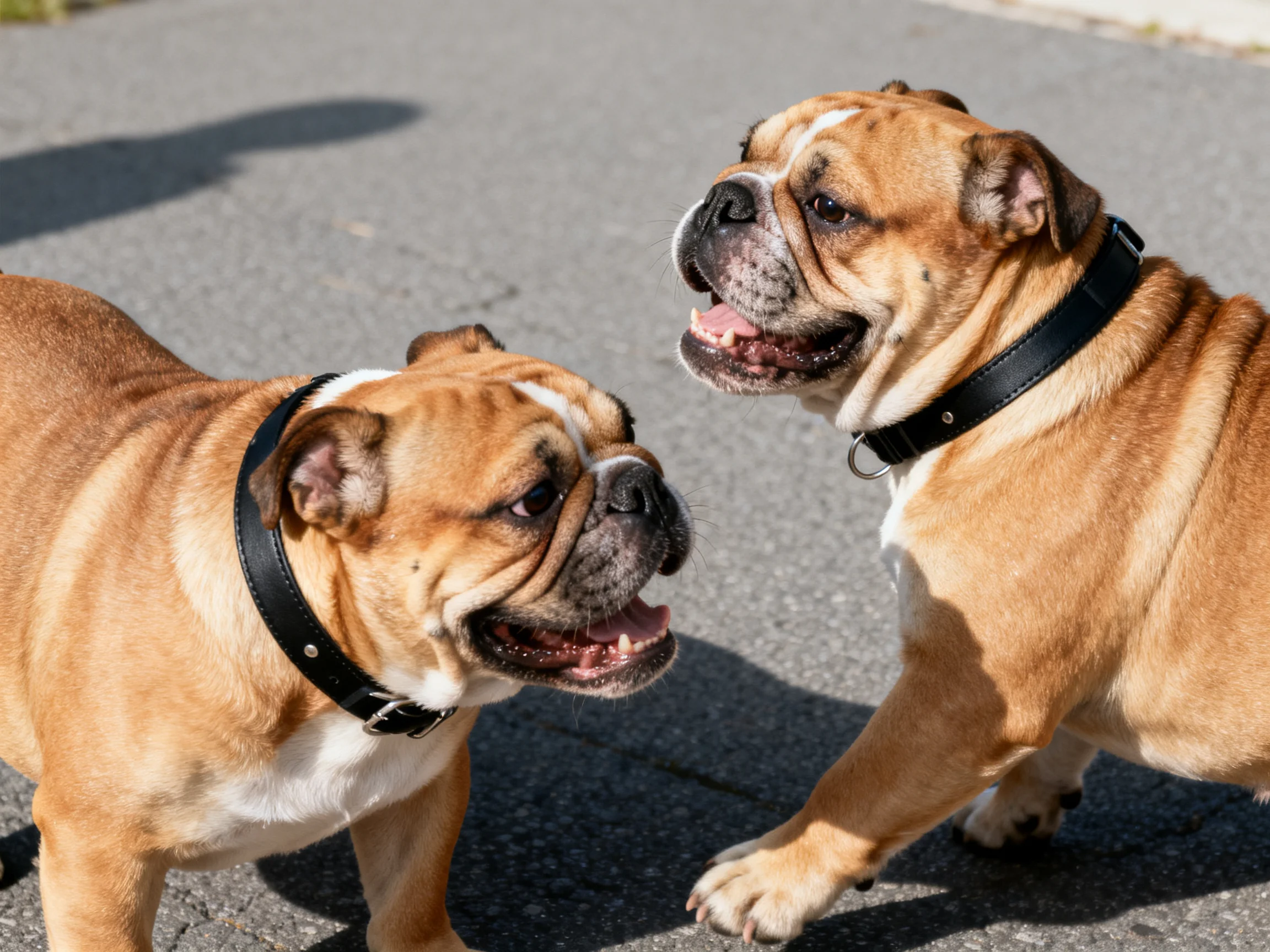 Two tan bulldogs interact on a sunlit pavement