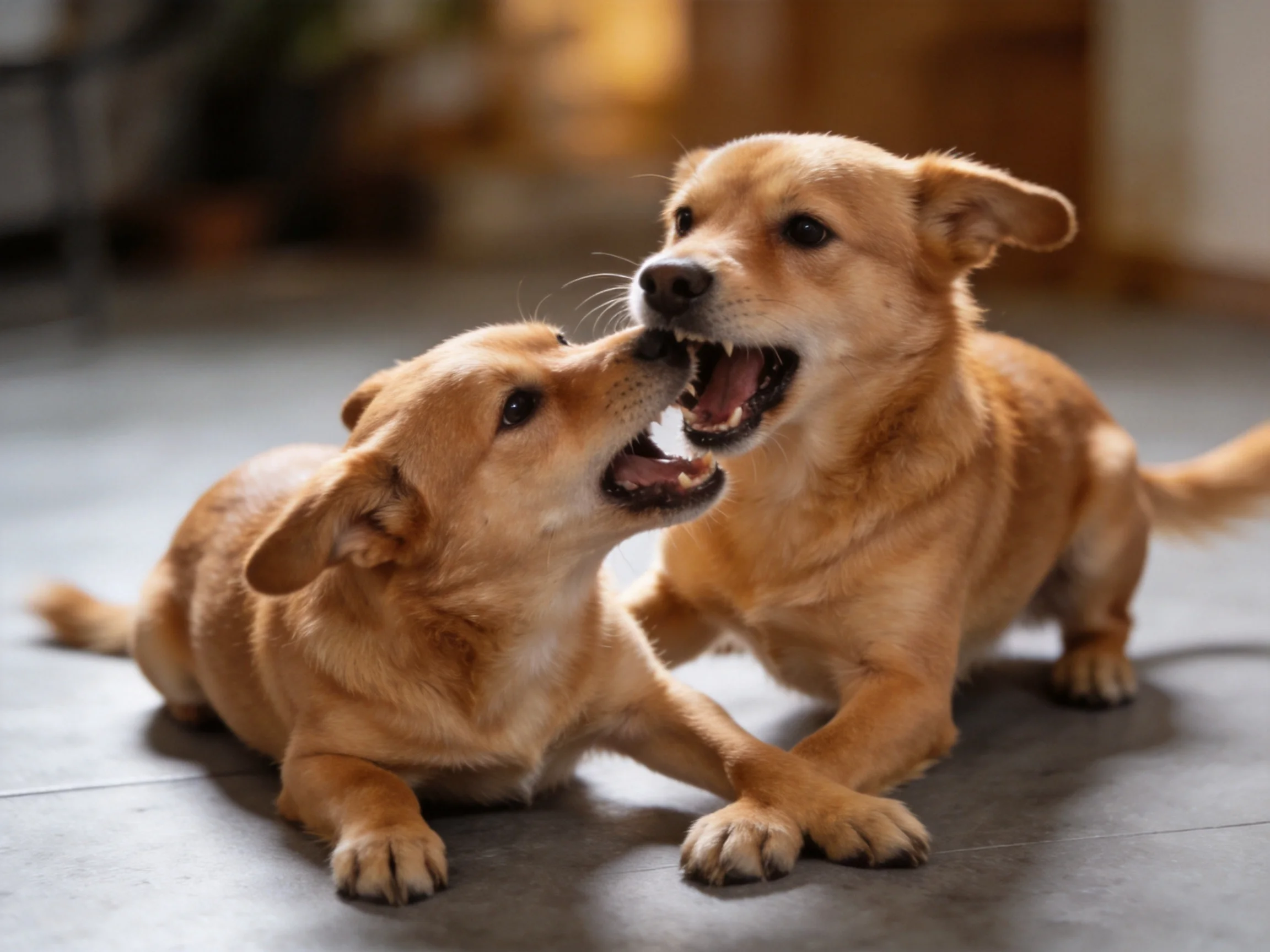 Two tan-colored puppies playfully interacting on a tiled floor