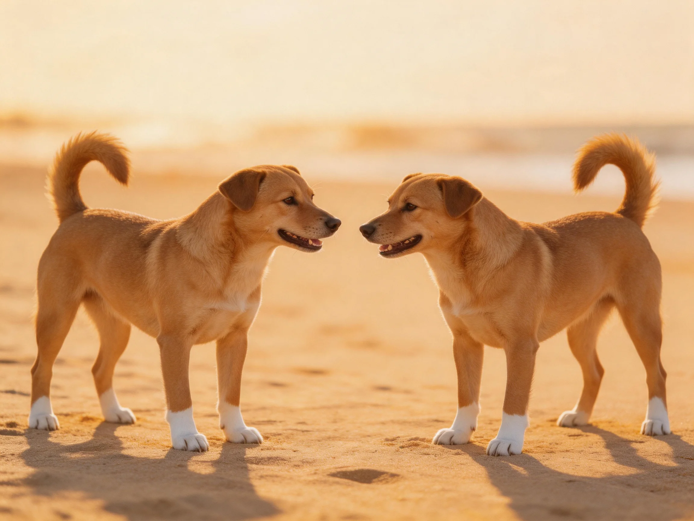 Two tan dogs interact on a sunlit sandy beach.
